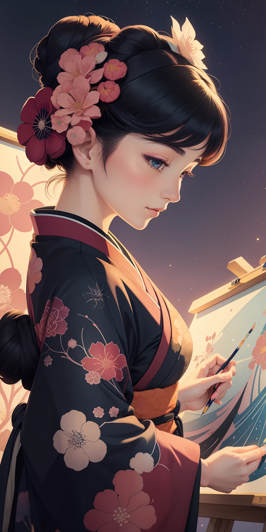 Close-up of a woman painting by Agnes Cecil, luminous design, pastel colors, ink drops, autumn lights), Katsushika Hokusai style, neon color