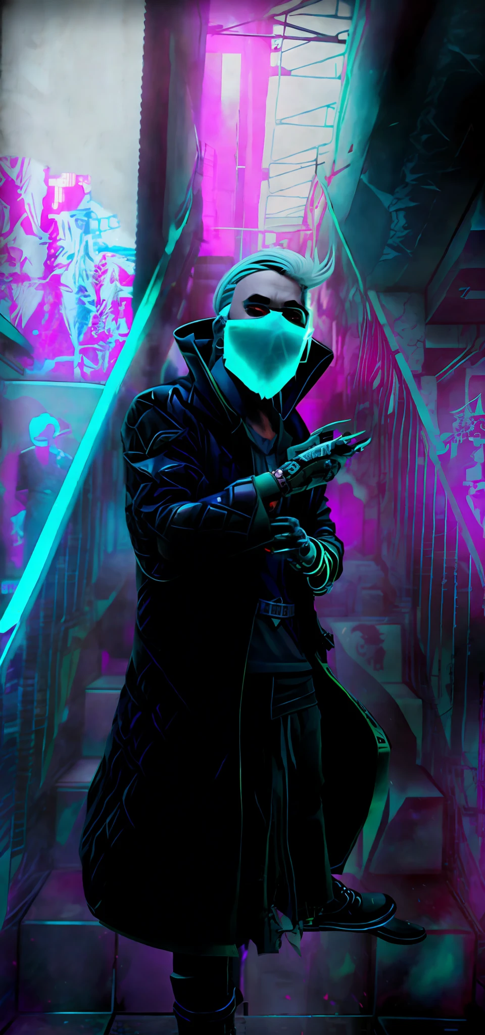 cartoon of a man in a black coat and a white hair holding scissors, cyberpunk street goon, omen from valorant, trigger anime artstyle, in cyberpunk style, cyberpunk assassin, mall goth, cyberpunk wearing, cyberpunk dude, inspired by Taiyō Matsumoto, inspired by Kawabata Ryūshi, drawn in a neo - noir style