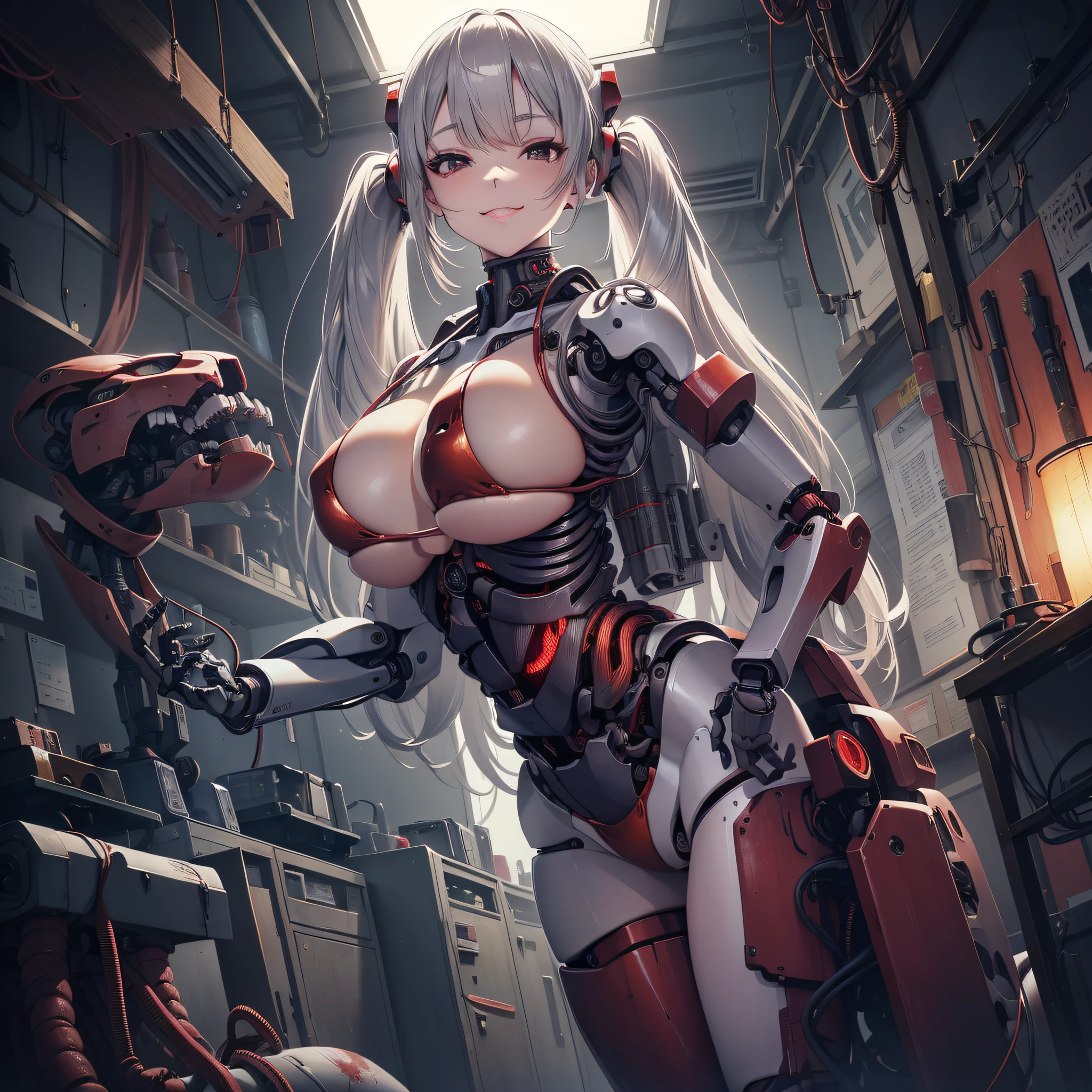 Beautiful Face,face is Japan, 1 Woman, Big, Curvaceous,(8k, RAW photo, top quality, masterpiece: 1.2)(Realistic, Photorealistic: 1.37) (Blood vessel attached to tube)((((Bikini Cyborg robot parts)))), (Light gray hair), Long hair, Wavy hair, Twin tails, Medium shot, ((Seductive smile) ), (Black Eyes), Hime Cut,From Below,(whole body),posing,,Inside the lab,( Blood vessel connected to a tube),((Mechanical vertebrae attached to the back)),((Mechanical neck attached to the neck)),(Wire and cable attached to the head and body),(Character Focus),Science Fiction,