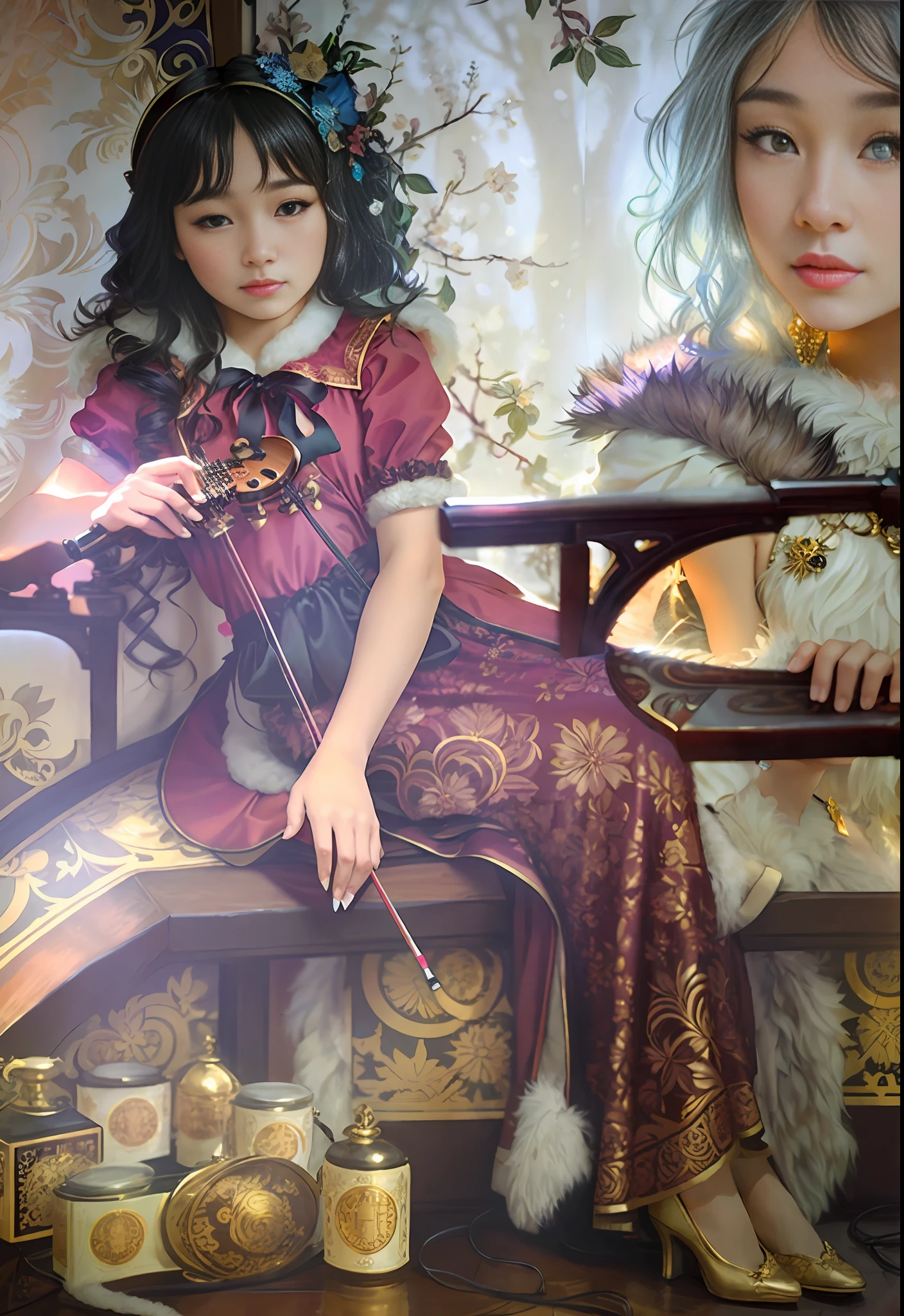 (positive focus, original photo), portrait close-up, (in the dark:1.1), Surrealist female portrait David Hockney and Alphonse Mucha, fantasy art, 1 girl, wearing gorgeous fur and holding violin, photo realistic, dynamic lighting, art station, poster, volumetric lighting, very detailed faces, 4 K, Award-winning, 1 girl, shadow, understated, (official costume: 1.4, gorgeous furs, intricate costumes, furs), looking at camera, bust shot, ((realistic face))) ，
