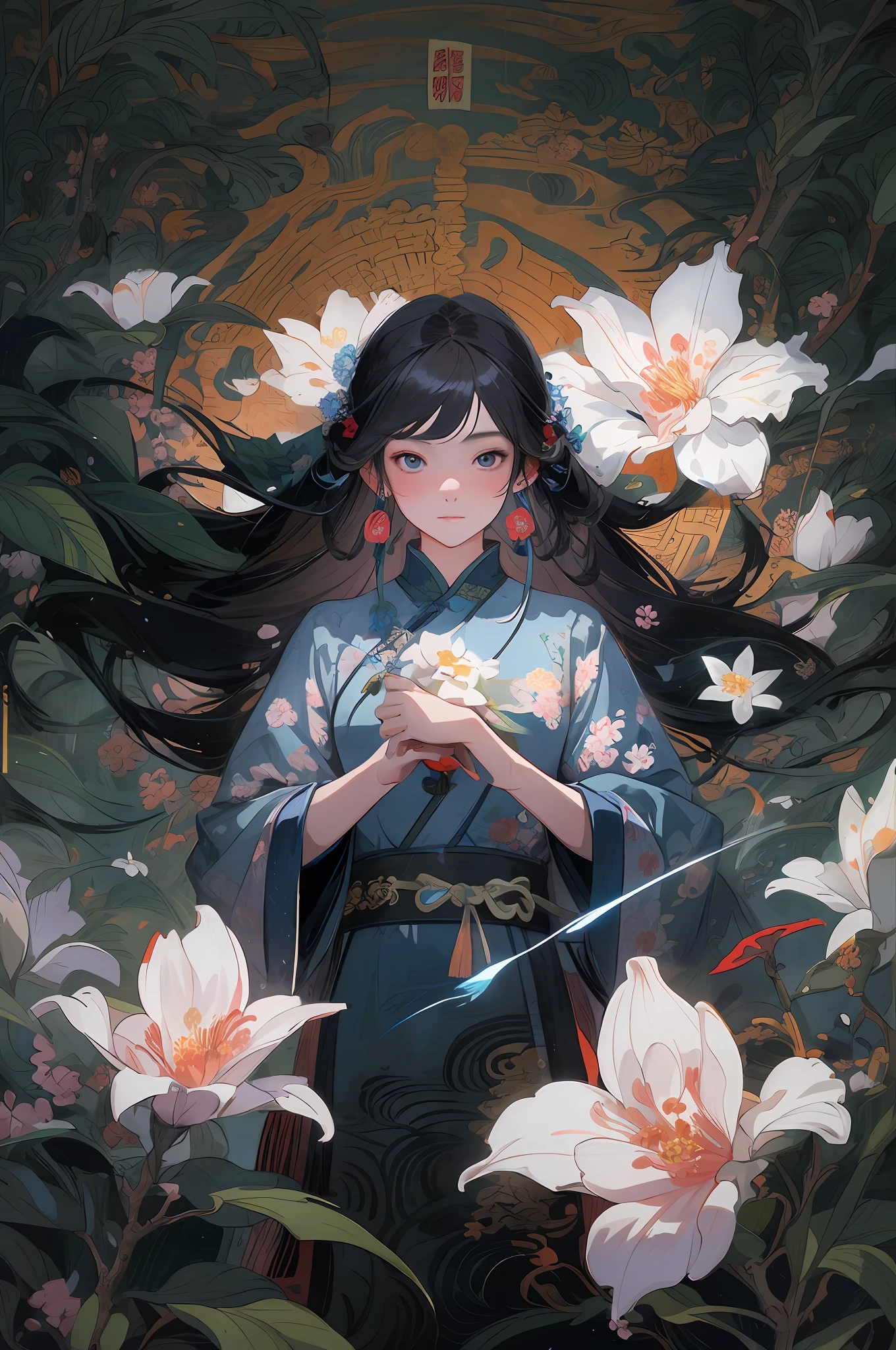 Masterpiece, high quality, highly detailed, (flat color), (pixiv:1.4), Gongbi painting of the Song Dynasty, 1girl, solo, detailed beautiful face and eyes, china dress, detailed background, flowers, illustration, vivd color, cinematic lighting,