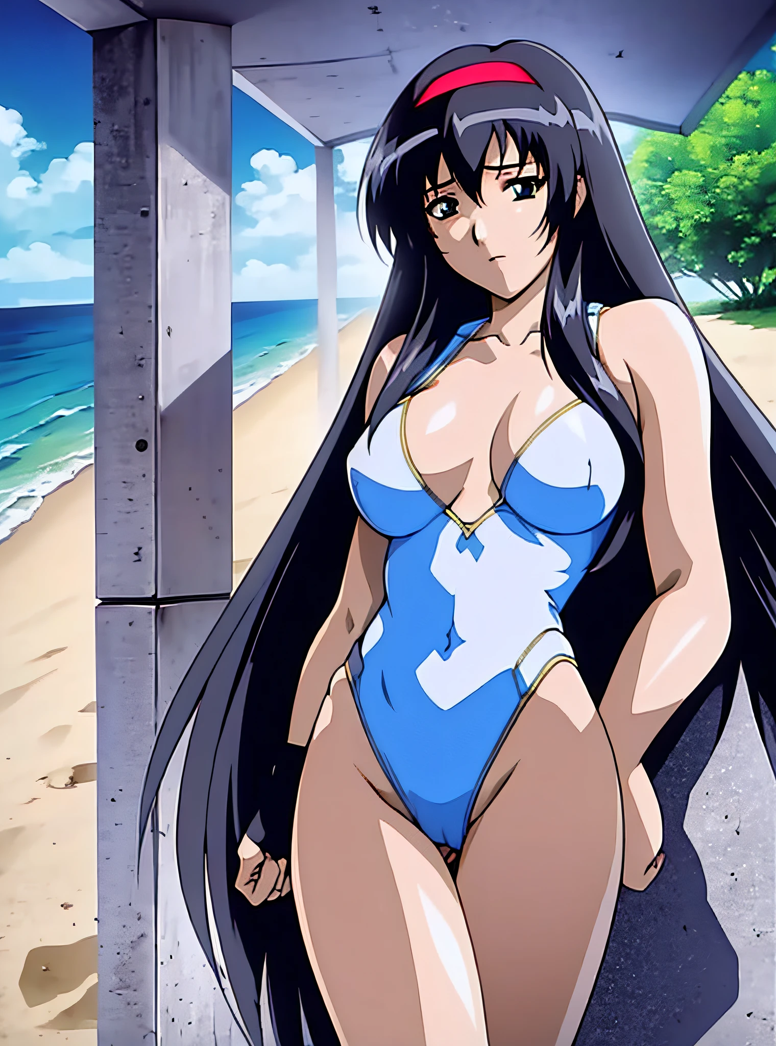 (Sun: 1.7), outdoor, sea, beach, blue sky, white clouds, sand, standing with care, standing on the beach, (blue and white leotard), beautiful leotard with golden details, white knee socks, navel, lower abdomen, groin, red_hairband, black hair, long hair, green eyes, side hair, straight, V bang, 1 girl, 20 years old, young woman, beautiful fingers, Beautiful long legs, beautiful body, beautiful nose, beautiful character design, perfect eyes, perfect face, watch the viewer, (innocent_big_eyes:1.0), (expressionless:1.3), NSFW, official art, highly detailed CG Unity 8k wallpaper, perfect lighting, colorful, Bright_Front_face_Lighting, (masterpiece : 1.0), (Best Quality: 1.0), Ultra High Resolution, 4K, Ultra Detail, Photo, 8K, HDR, Hi-Resolution, Absurdity: 1.2, Kodak portra 400, Film Grain, Blurry Background, Bokeh: 1.2, Lens Flare, (vibrant_color:1.2) (Beautiful, Large Breasts: 1.4), (Beautiful Face: 1.5), (Narrow Waist),