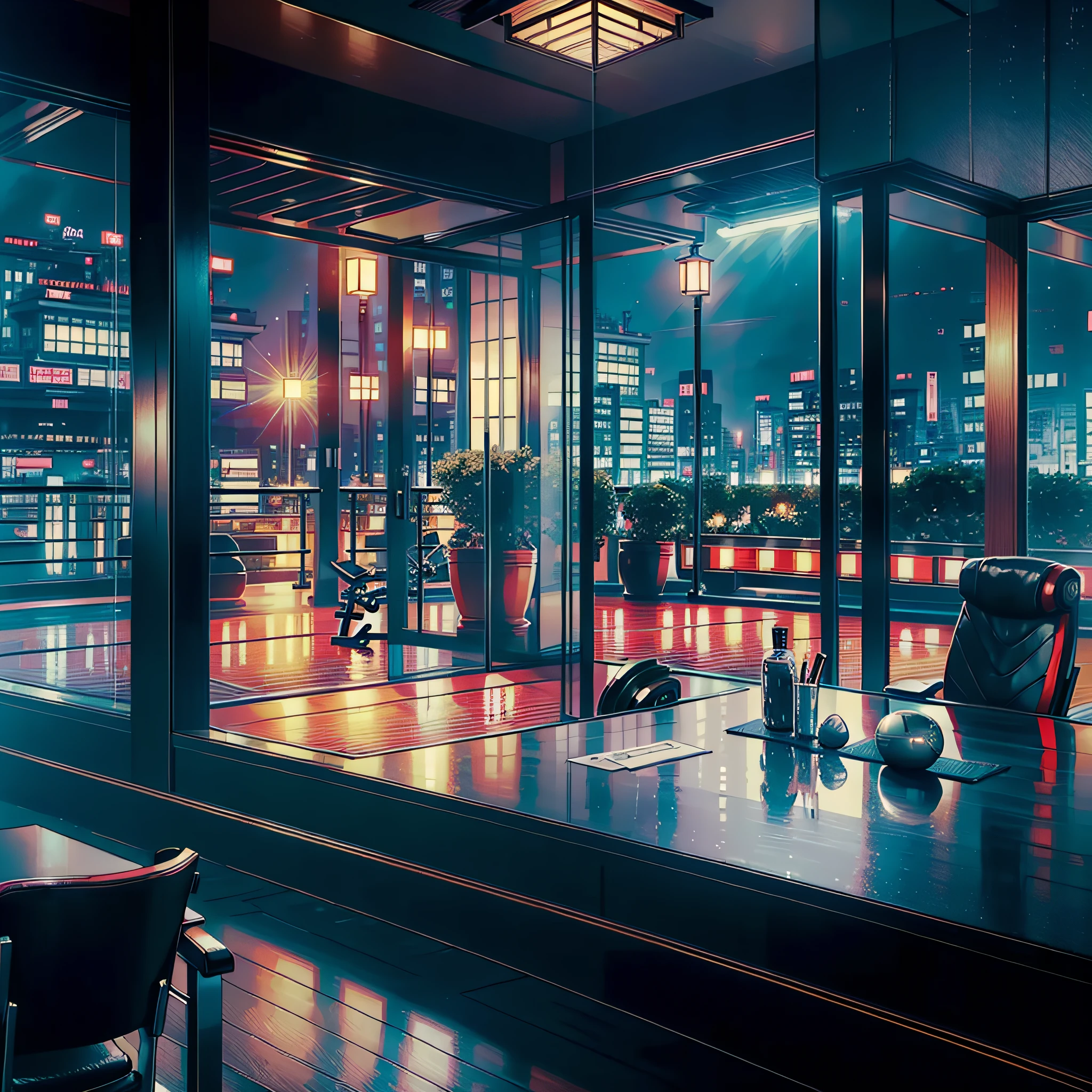 ((Masterpiece)), ((Best Quality)), 8K, HD ((Hotel Gym 1.5))(Japan Bustling City 1.4)(Hotel Front Desk)(Architecture)