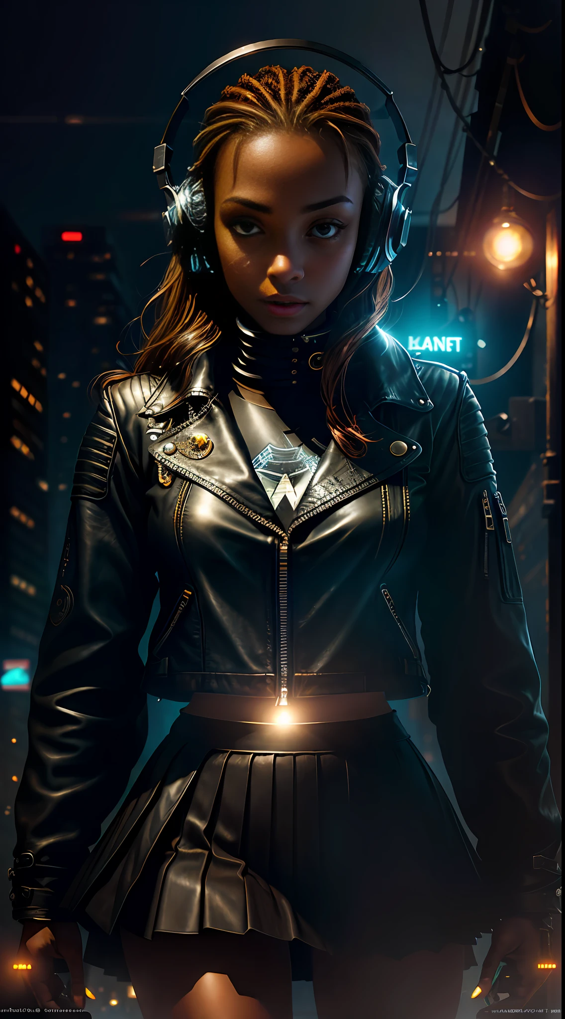 Black cyborg Best quality, realistic, realistic, award-winning illustration, (complicated detail: 1.2), (fine detail), (complicated detail), (cinematic lights, best quality backlight), sharp lines, sharp focus, official art, unit 8k wallpaper, absurd, unbelievably absurd, huge file size, ultra- (in_main_street:1.21), (neon lamp), fantasy art, rtx,((triangle closeup photo from award-winning studio)), 1girl, wonderful, (shut up), small breasts, beautiful detailed eyes, Perfect Face, (top, leather jacket, Martin boots),(headphones_around_neck),(headphones_around_hair),((pleated skirt) ), ((supermodel pose)),