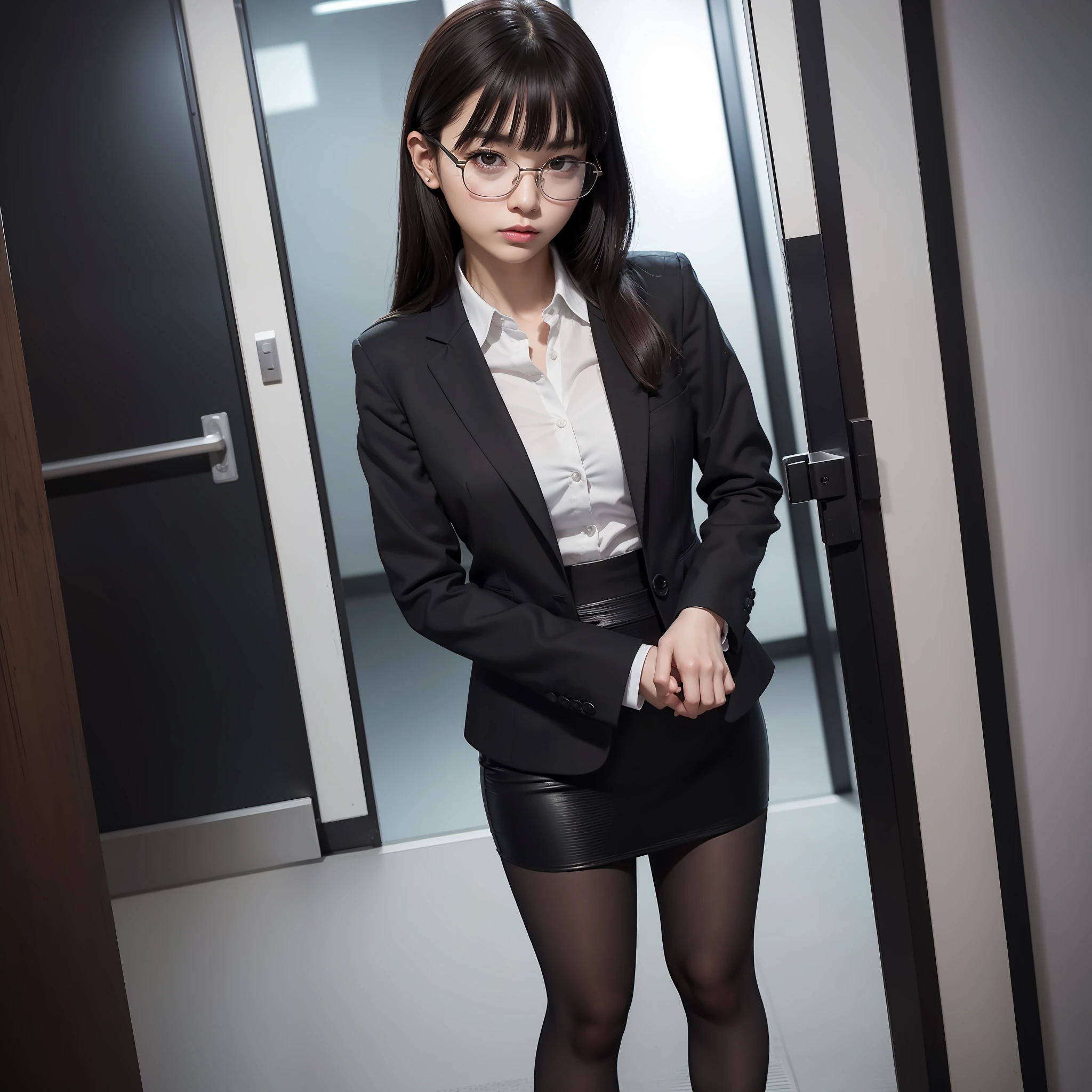 (Absolutely One Woman),(One Girl),Alone,Solo,Standing,Knees Spread,Raw Photo, Candid, Narrow Eyes,Full Body,Black Pantyhose,Textured Skin,,Office Lady,Suit,Skirt,Bangs About Eyebrows,(Shotcut),Looking Viewer,Raw Photo,Pale Skin,Japan People, Glasses, Small, Young, Tall, Dark Expression, Bright Black Eyes, Anger, Slender Body, Medium Build, Small waist, wide thighs, photorealistic, best quality, 8K, masterpiece