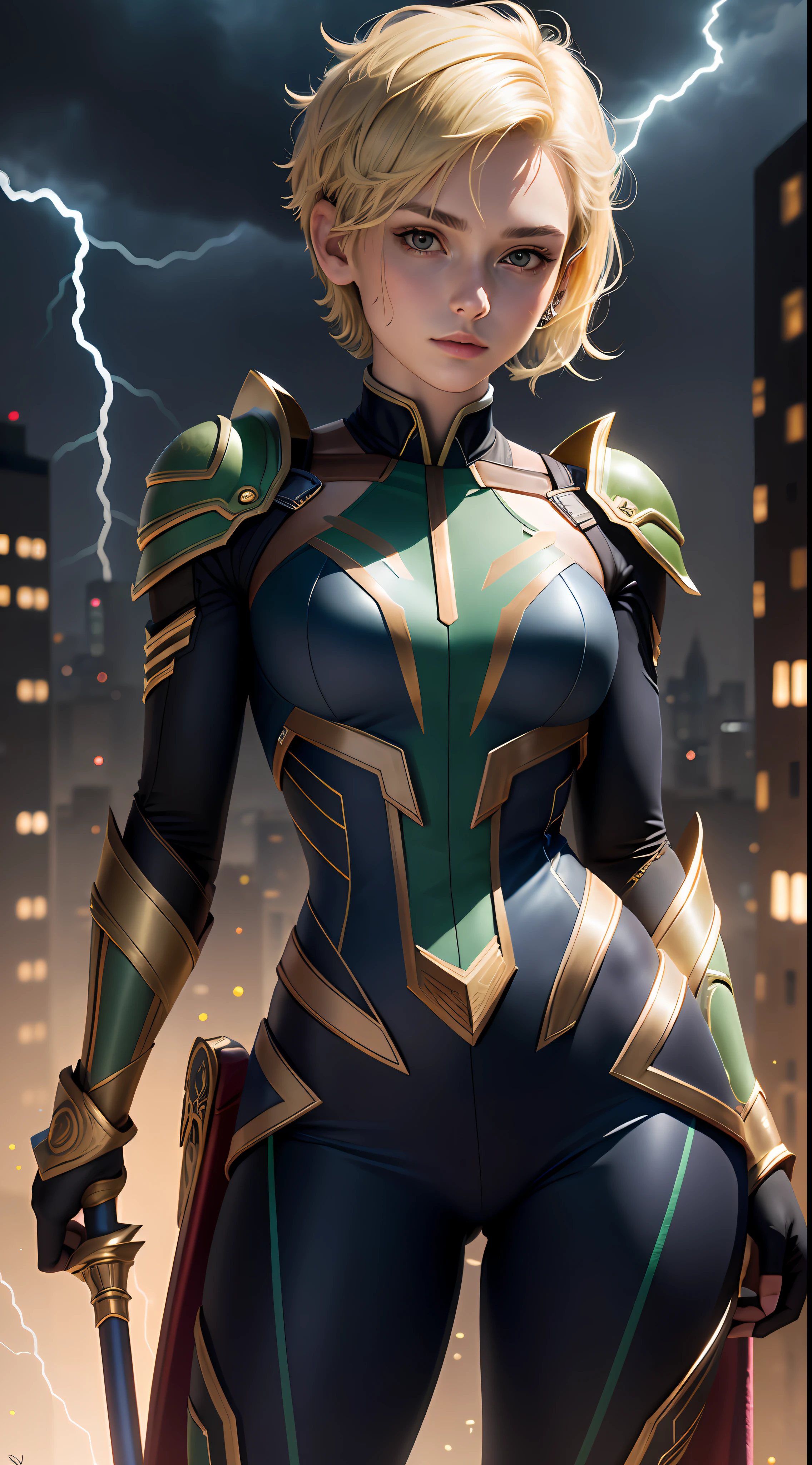18-year-old girl, upper body, close-up, Loki suit, trousers, (((short hair)), blonde hair, beautiful face, magic staff, lightning, city of night, masterpiece, exquisite details, perfect anatomy
