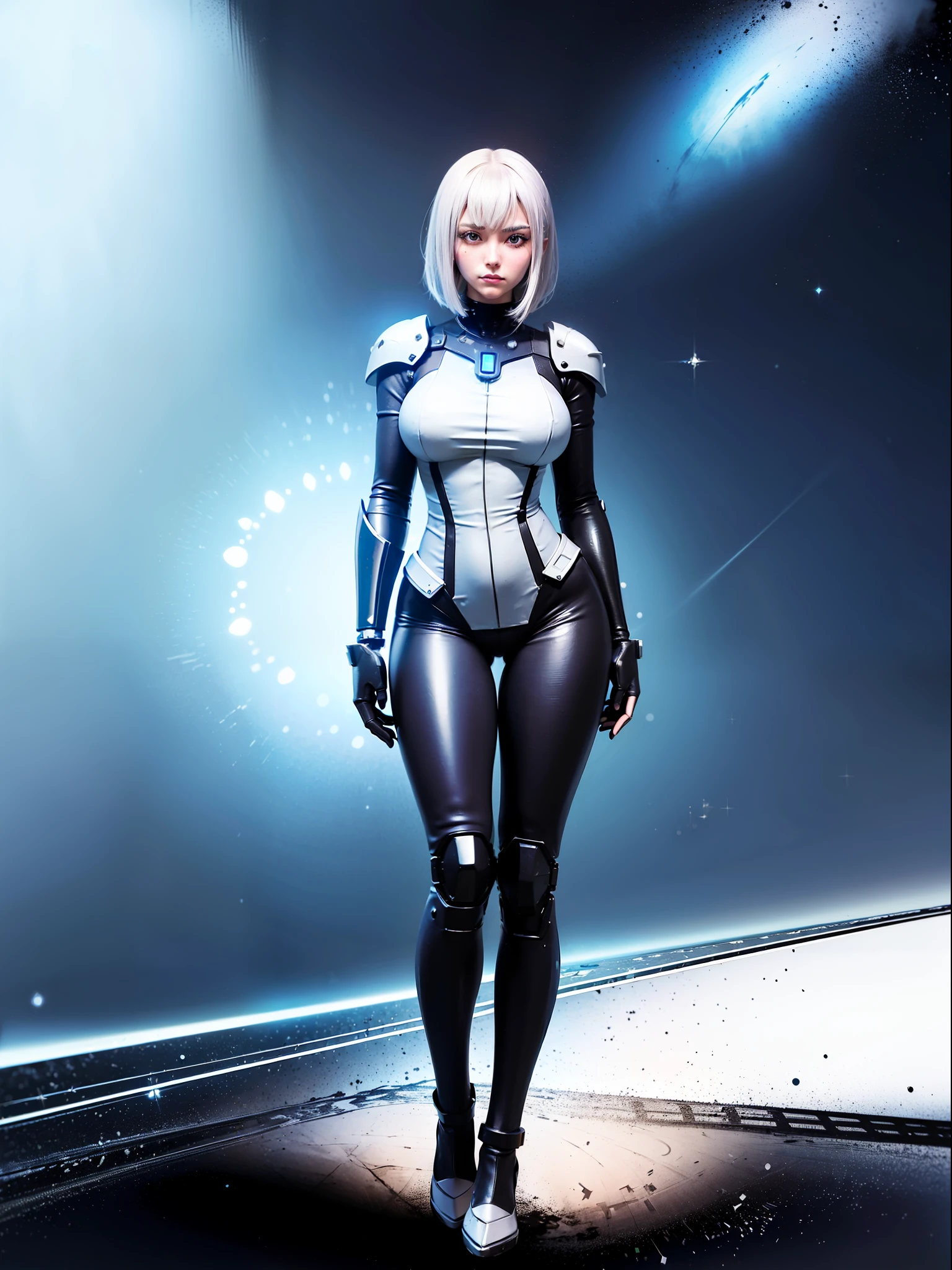 (full-body photo/standing/looking at the viewer:2), (one/woman/mechanical:1.5), (extremely large breasts:1.5), (all mechanical body:1.5), (with bionic armor:1.5), white with black gears, (she is inside a spaceship near the window seeing outer space:1.5), (she has very short purple straight hair:1.3), (blue eyes:1.3),  (groaning:1.5), (blush:1.5), (erotic pose:1.5), (anime style, Anime, 16k, high quality, textured leather, UHD, award-winning)