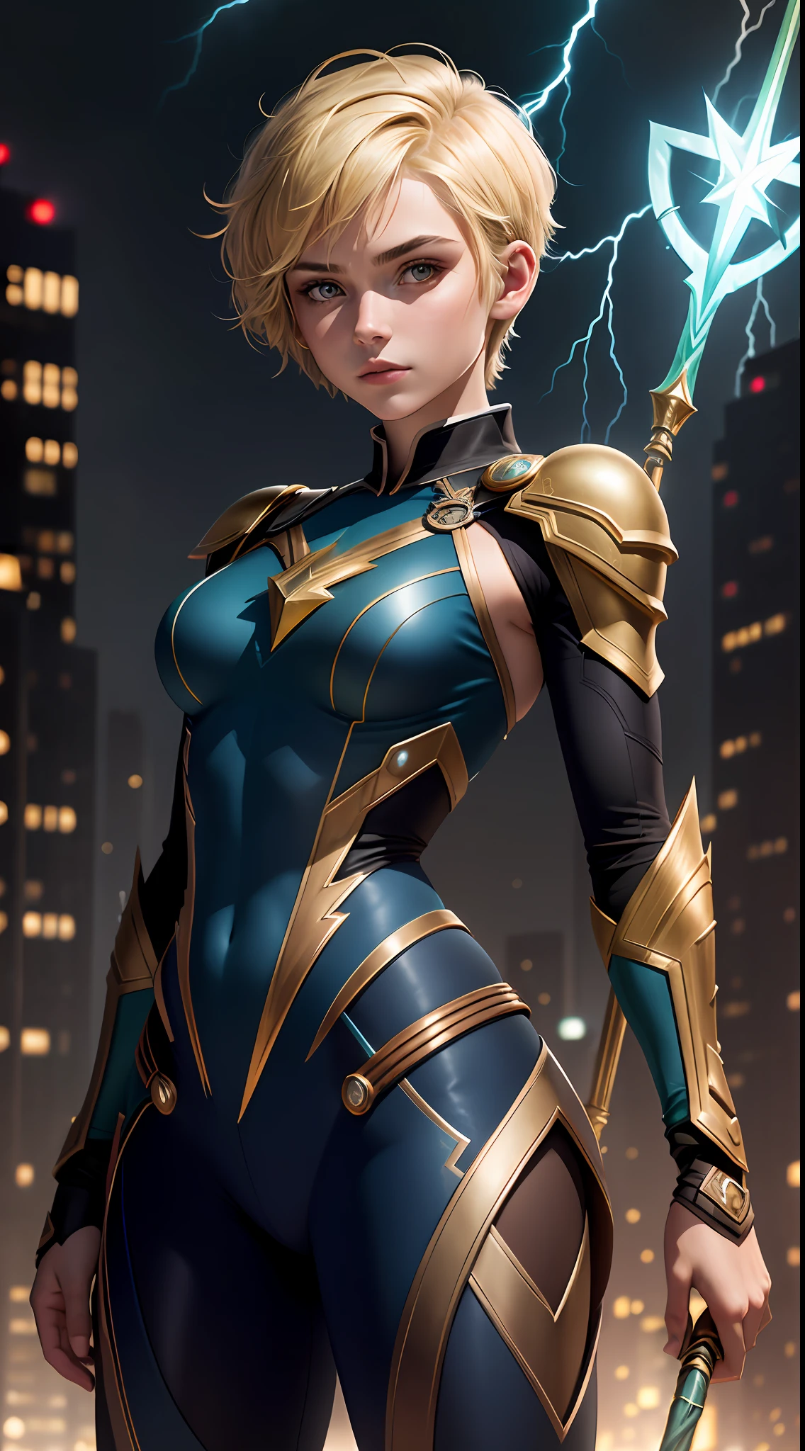 18-year-old girl, upper body, close-up, Loki suit, trousers, (((short hair)), blonde hair, beautiful face, magic staff, lightning, city of night, masterpiece, exquisite details, perfect anatomy