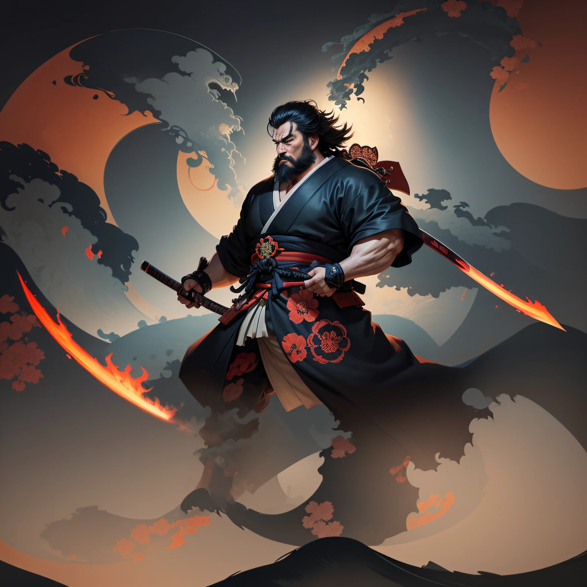 It is a full-body painting with natural colors in the style of ukiyo-e. Miyamoto Musashi is a Japan samurai with a large body like a strongman. He has a rough face, short black hair, and a short, trimmed beard. He is a righteous samurai who fights evil. He wears a black kimono. The hakama should be a little longer and draw in a flowing shape that flutters in the wind. He holds a sword in his right hand with flames coming out of his Japan sword. The background is a swirling flame in Katsushika Hokusai style. Masterpiece high-resolution ukiyo-e style, with the highest quality --auto --s2