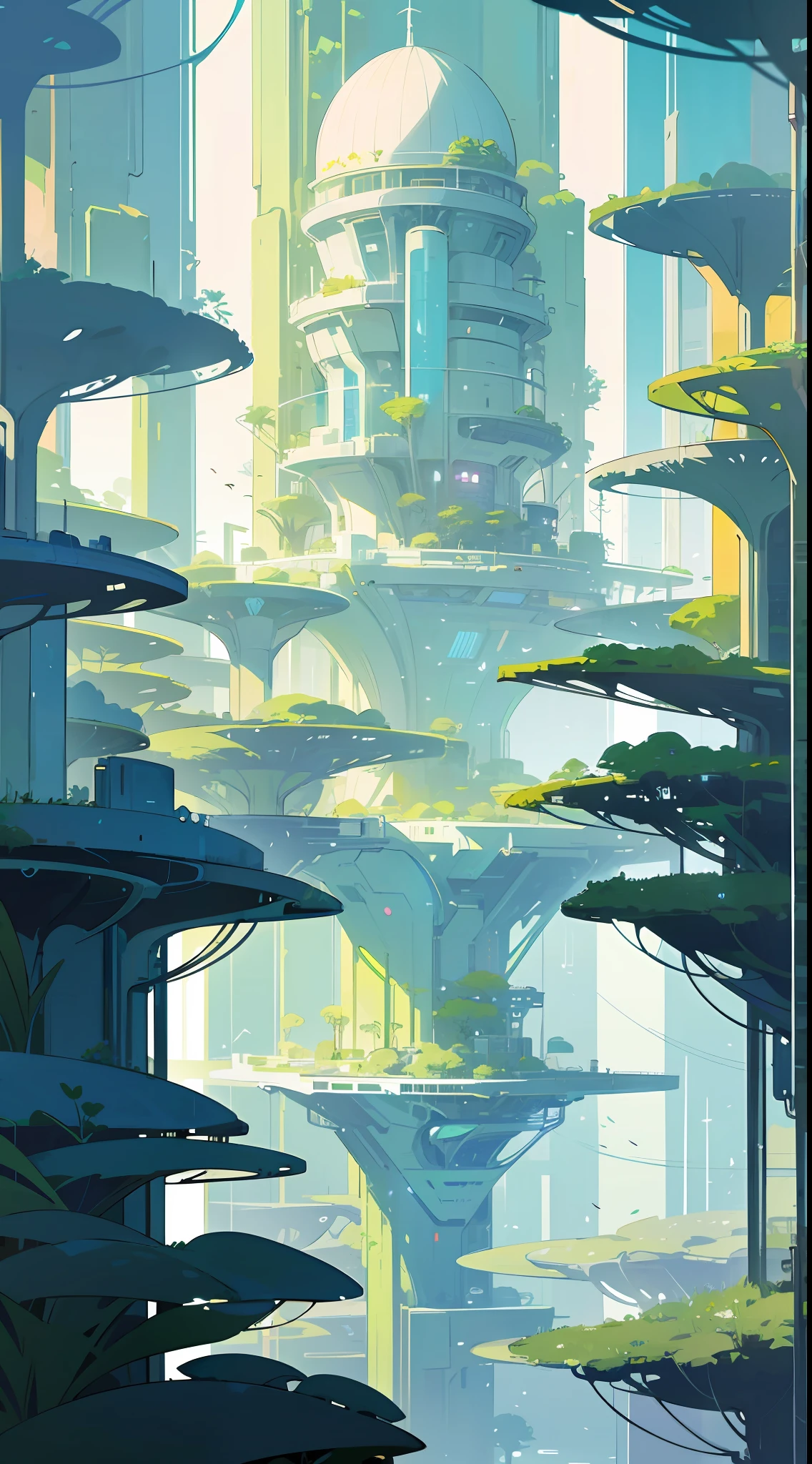 beautiful happy picturesque charming organic futuristic sci - fi city integrated in nature. water and plants. beautiful light. grainy and rough. soft colour scheme. beautiful artistic vector graphic design by lurid