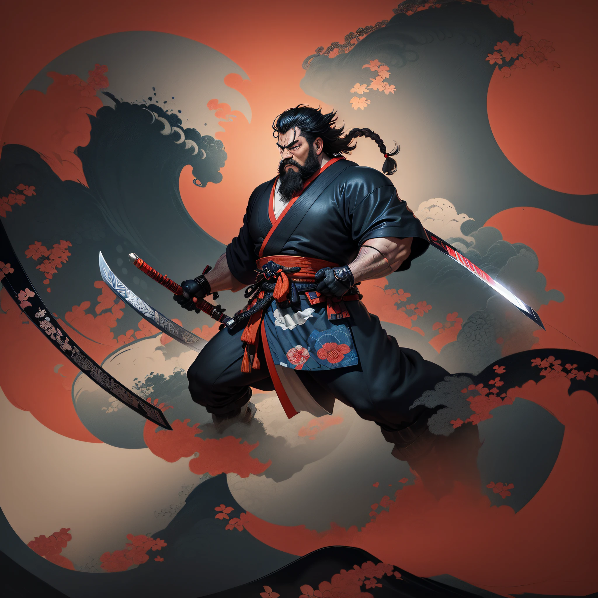 It is a full-body painting with natural colors in the style of ukiyo-e. Miyamoto Musashi is a Japan samurai with a large body like a strongman. He has a rough face, short black hair, and a short, trimmed beard. He is a righteous samurai who fights evil. He wears a black kimono. The hakama should be a little longer and draw in a flowing shape that flutters in the wind. He holds a sword in his right hand with flames coming out of his Japan sword. The background is a swirling flame in Katsushika Hokusai style. Masterpiece high-resolution ukiyo-e style, with the highest quality --auto --s2