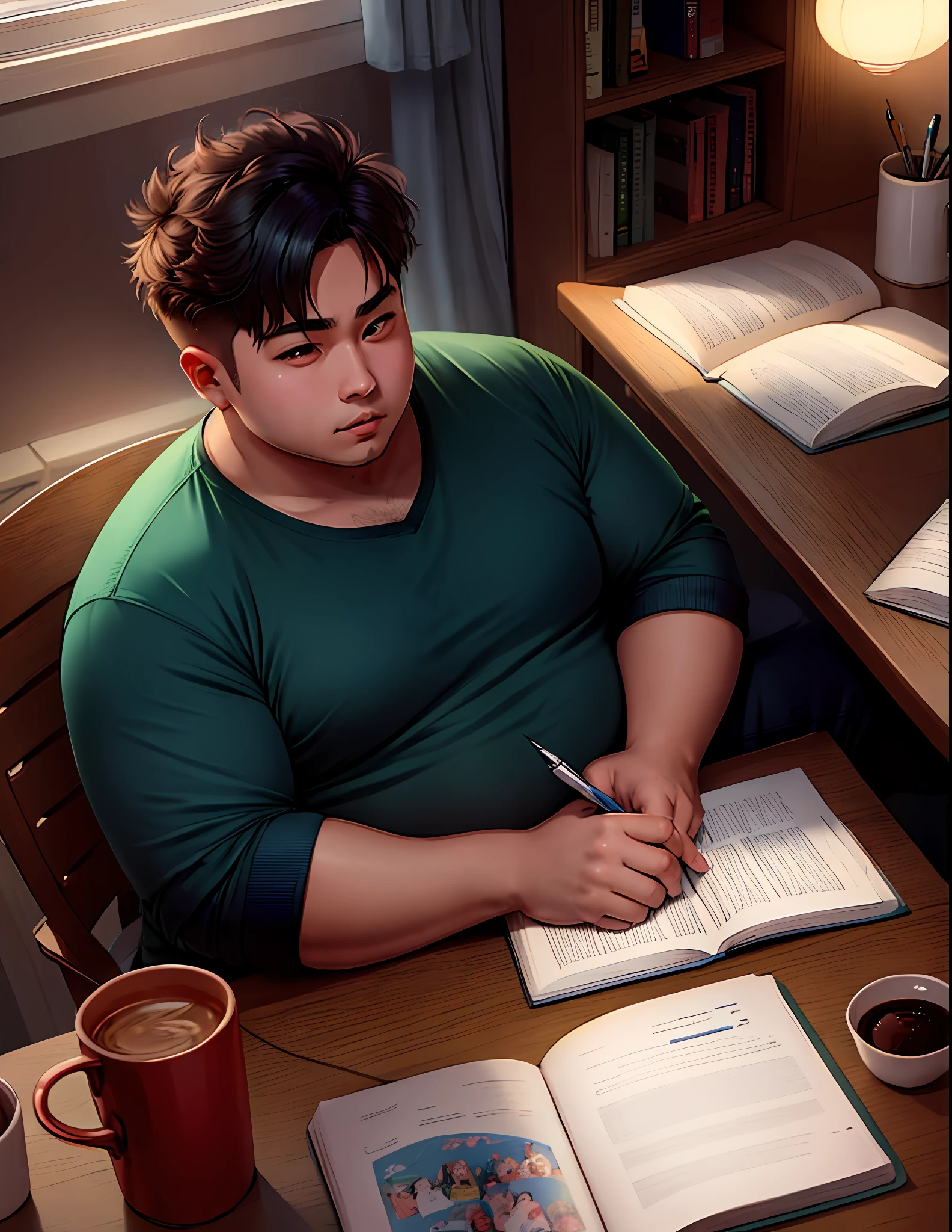 1 Men, anime, studying at home, short hair, chubby, strong, sitting, pen in right hand, open book on the table.