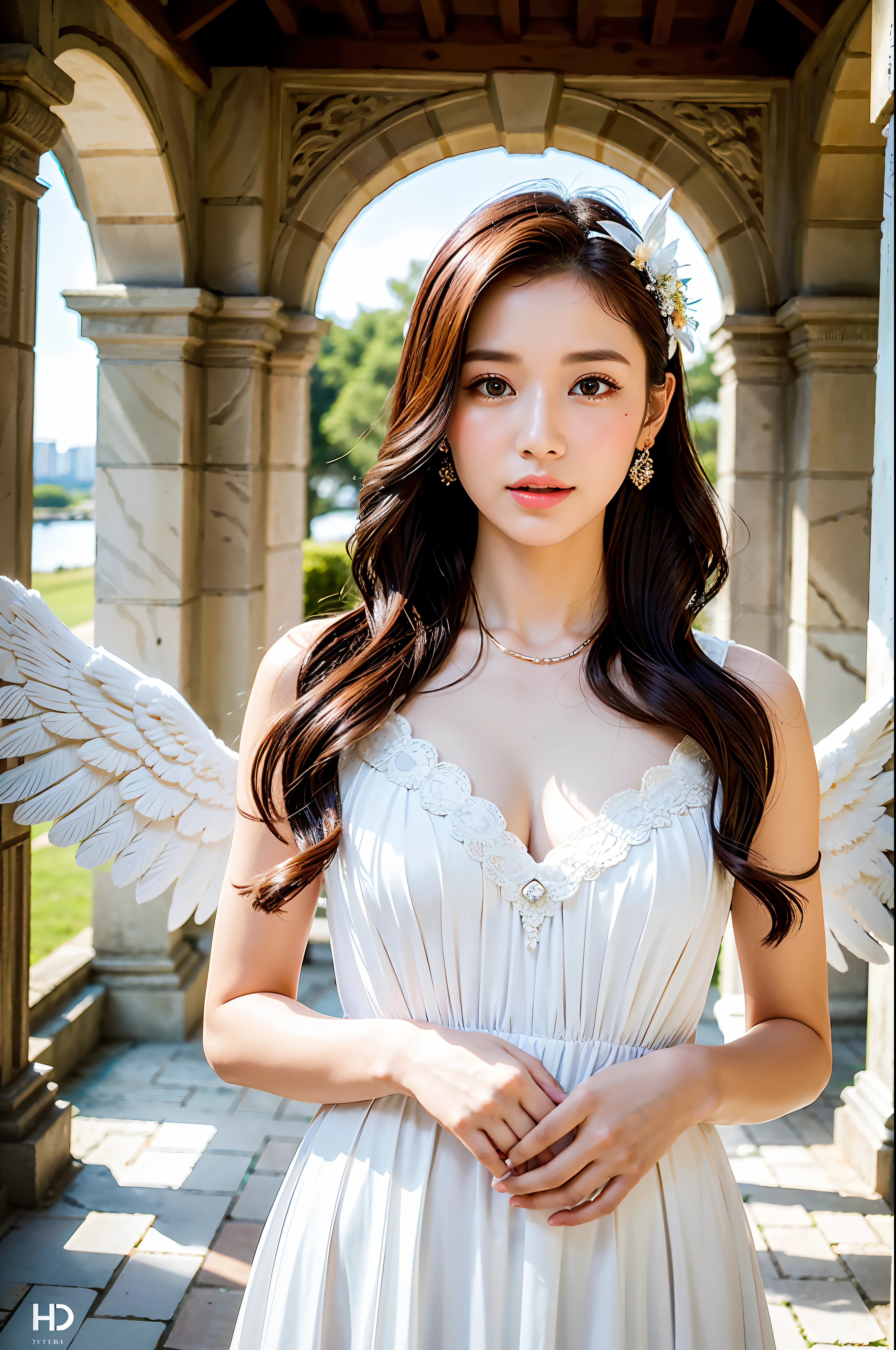 Dressed up with winged cute angel, wearing a beautiful garland on the head, symmetrical white feather material simulation of huge wings, exquisite details, HD, 8k, (best quality, masterpiece: 1.2), portrait, breast, outdoors, ancient buildings, tall stone pillars, stone railings, a 25-year-old woman named Yiping in an ancient castle: 2, eyes looking at the camera, natural expression, posture do not stiff, curly wavy long hair, white dress long dress, the same character, various poses, different angles, backlight :1.5,Rich skin details:1.5,