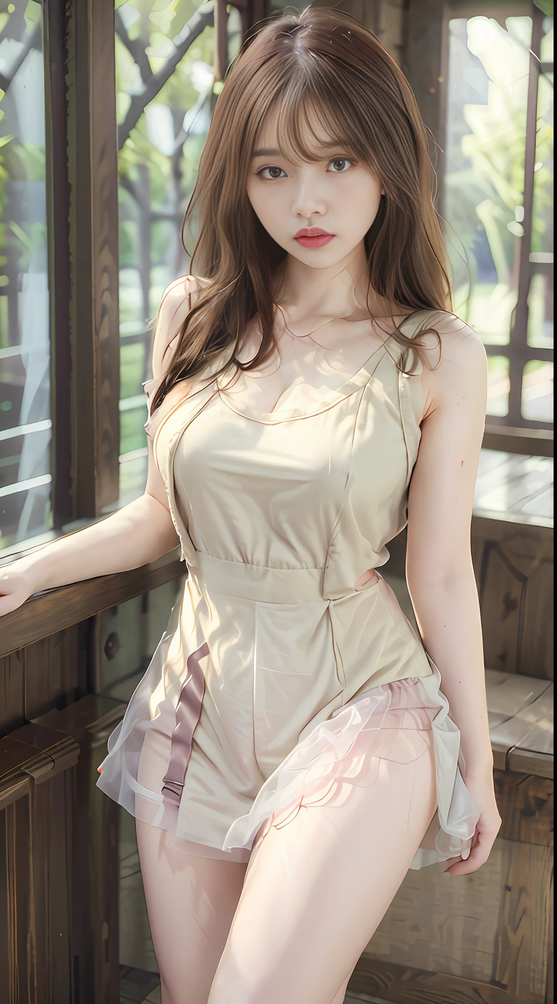 ((Best quality, 8k, Masterpiece :1.3)), Full body, Sharp focus :1.2, Perfect Body Beauty: 1.4, Slim Abs: 1.2, ((Dark brown hair, Big breasts: 1.2)), Highly detailed face and skin texture, delicate eyes, double eyelids, white clothes, sexy pose, suspenders, tank tops, shorts, short skirts, light tulle, transparent,