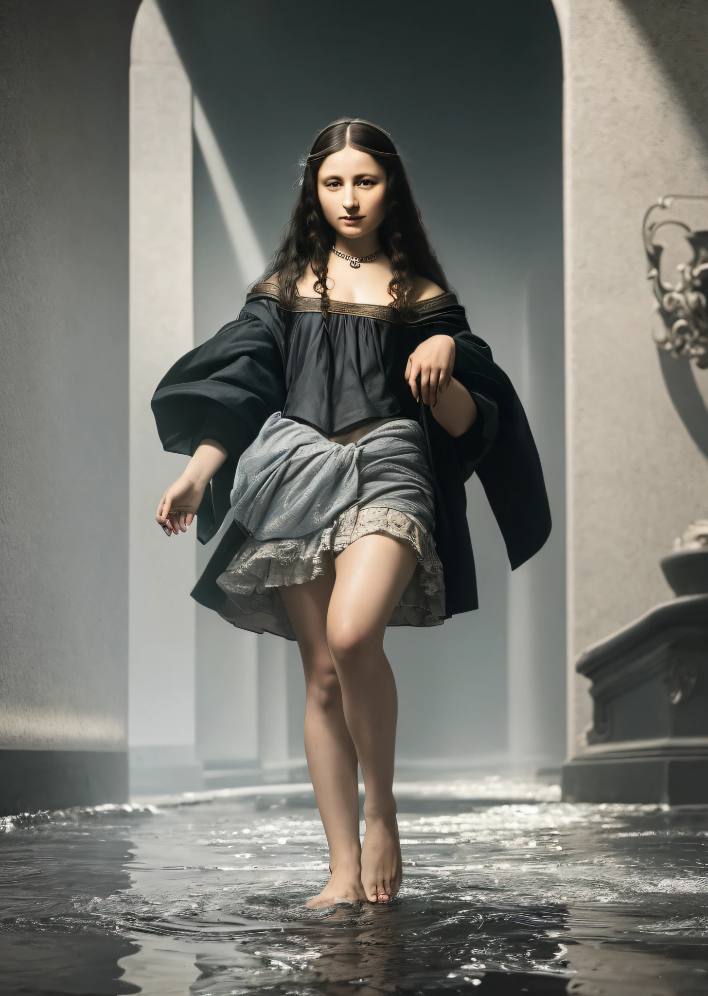 Mona Lisa and an off-the-top man walking, gentle expression, full body portrait, barefoot, light streaks falling from the sky, masterpiece, highest quality, high quality, highly detailed CG unit 8k wallpaper, award winning photo, bokeh, depth of field, HDR, flood, chromatic aberration, realistic, very detailed, art station trend, CGsociety trend, complex, high detail, dramatic, midway art, volumetric lighting