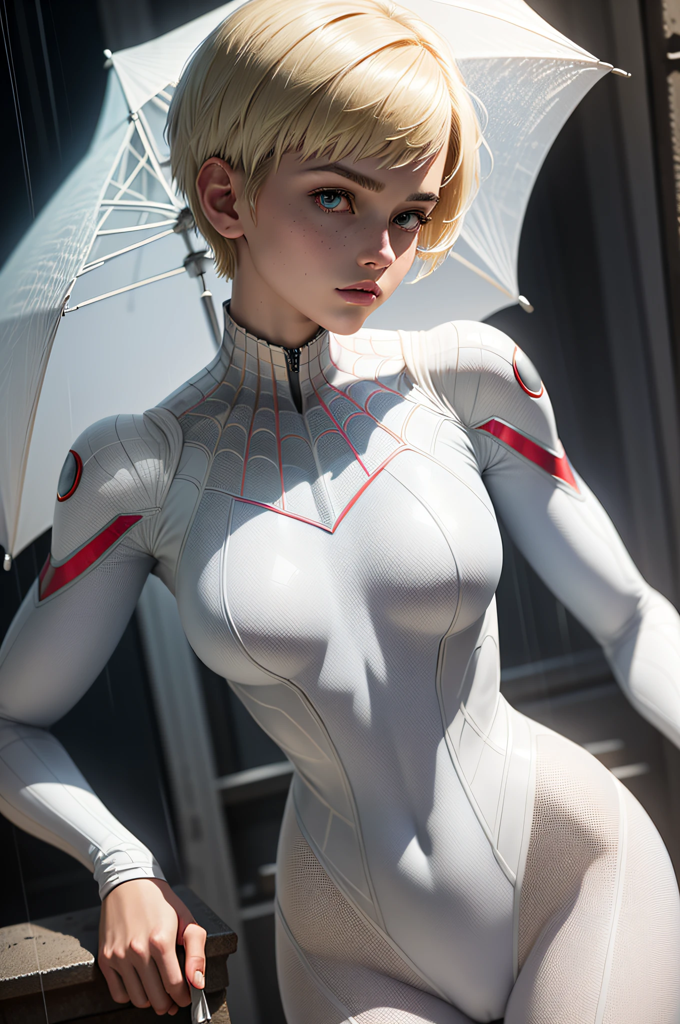 18 yo girl, white spider man suit, short blunt hair, blonde, beautiful face, rain, roof, masterpiece, intricate detail, perfect anatomy