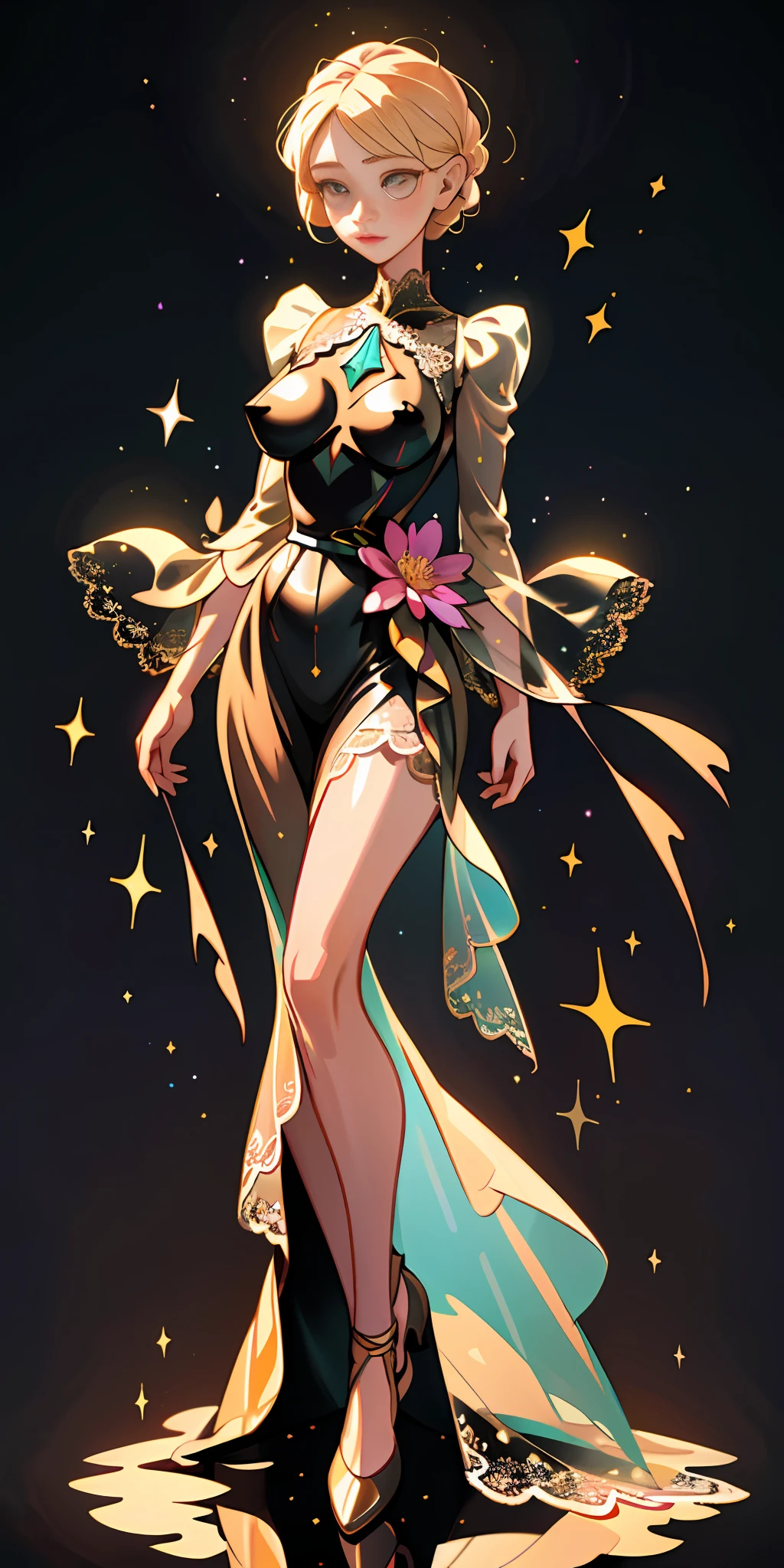 NSFW, (Best Quality, Masterpiece), 1girl, Galaxy, Glitter, Lace transparent dress, particles, wind, flower, full body, oversized breasts, supermodel figure, dark gradient background, looking at the audience, blonde,