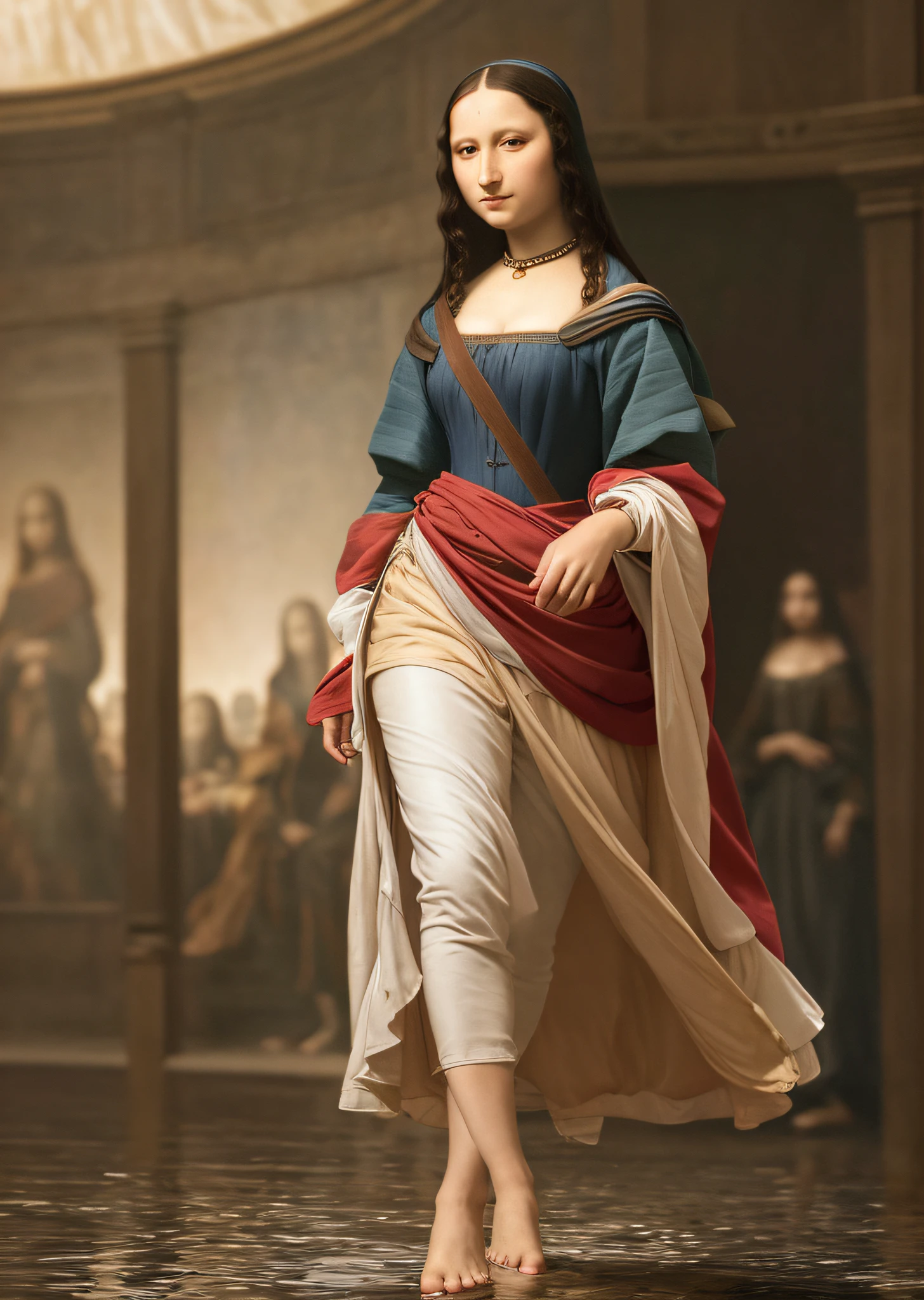 Mona Lisa and an off-the-top man walking, gentle expression, full body portrait, barefoot, light streaks falling from the sky, masterpiece, highest quality, high quality, highly detailed CG unit 8k wallpaper, award winning photo, bokeh, depth of field, HDR, flood, chromatic aberration, realistic, very detailed, art station trend, CGsociety trend, complex, high detail, dramatic, midway art, volumetric lighting