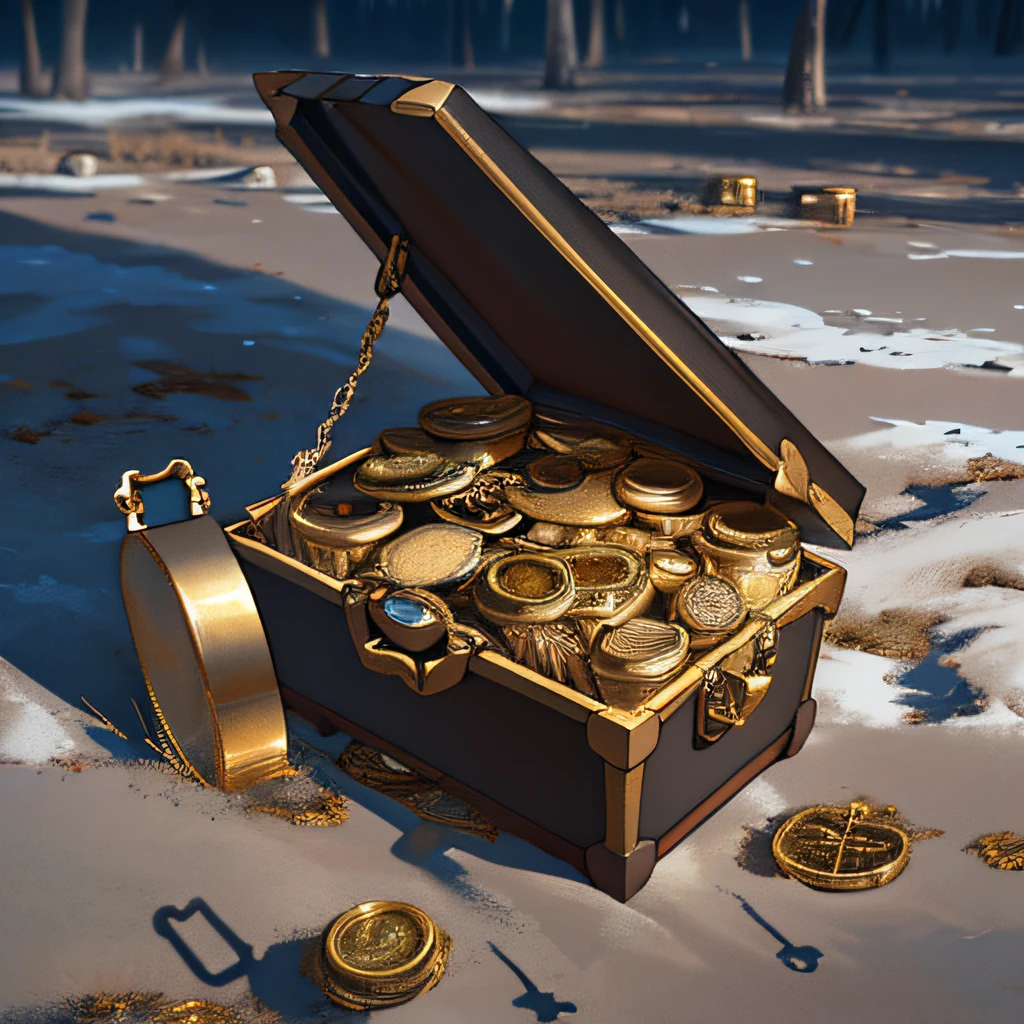 8k, UHD, anatomically correct, super detail, award winning, in a strange gray world, the potholed ground is covered with glittering treasure chests, and all kinds of strange shadows float in the sky