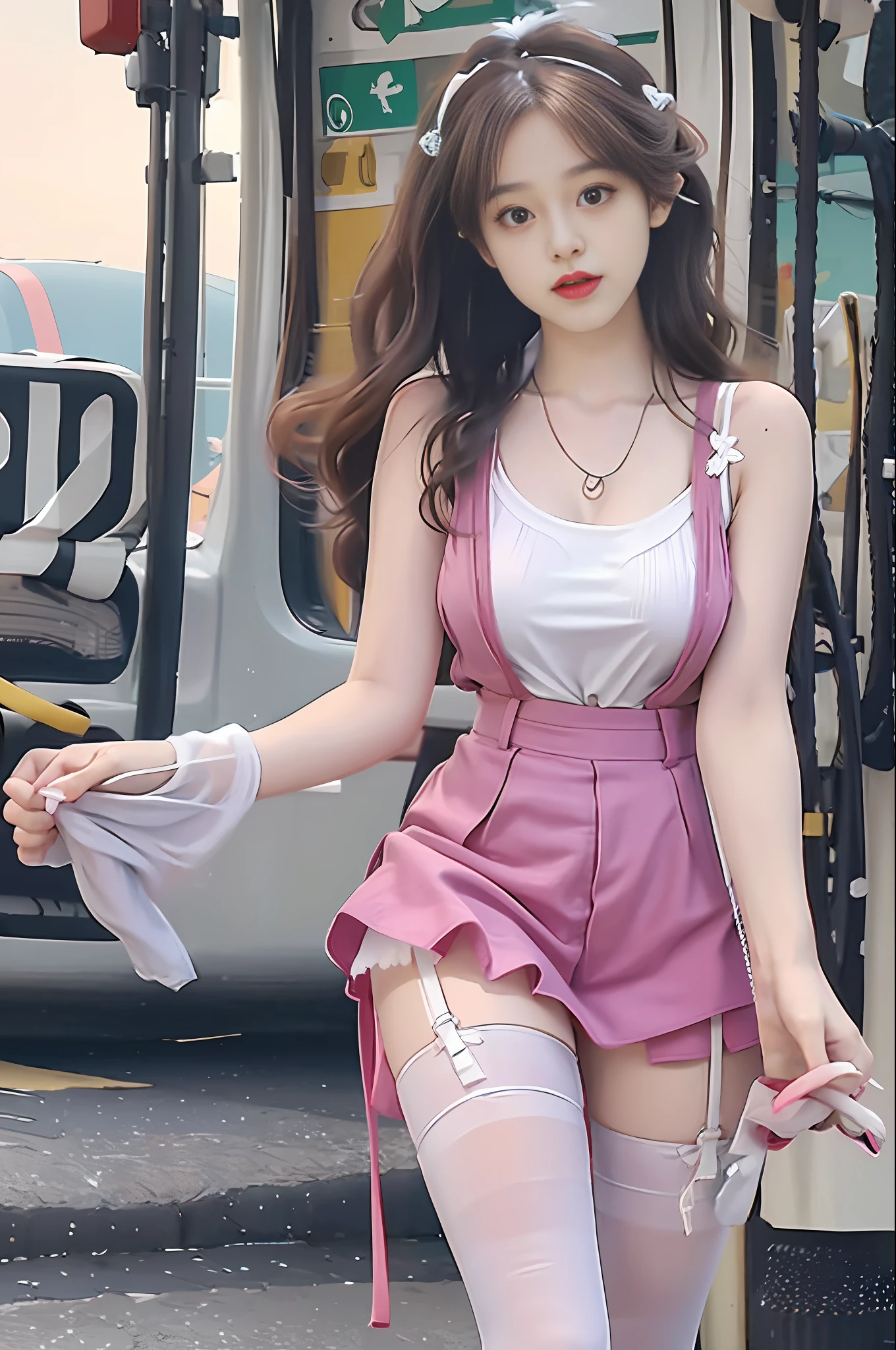 realistic, high resolution, 1 girl, white wavy curls, korea, thickest thighs, long legs, thin waist, natural expression, stockings, suspenders, tank top, shorts, short skirt, transparent, light tulle,