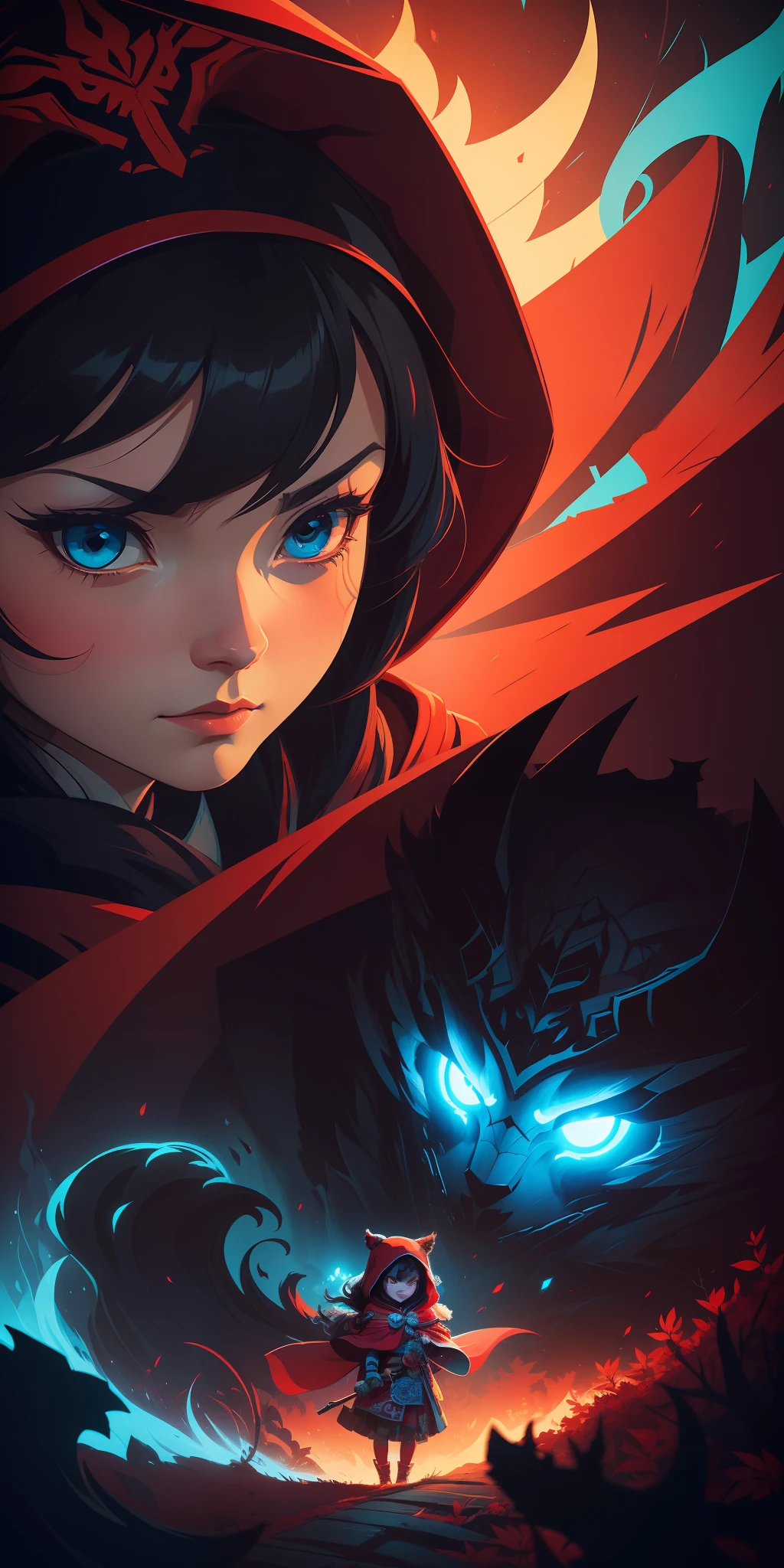 Close-up (art by Anton Fadeev:1.2), detailed, sharp image, rim light, closeup, poster, hdr, dark woods, Little Red Riding Hood, 1girl), Katsushika Hokusai style, neon color