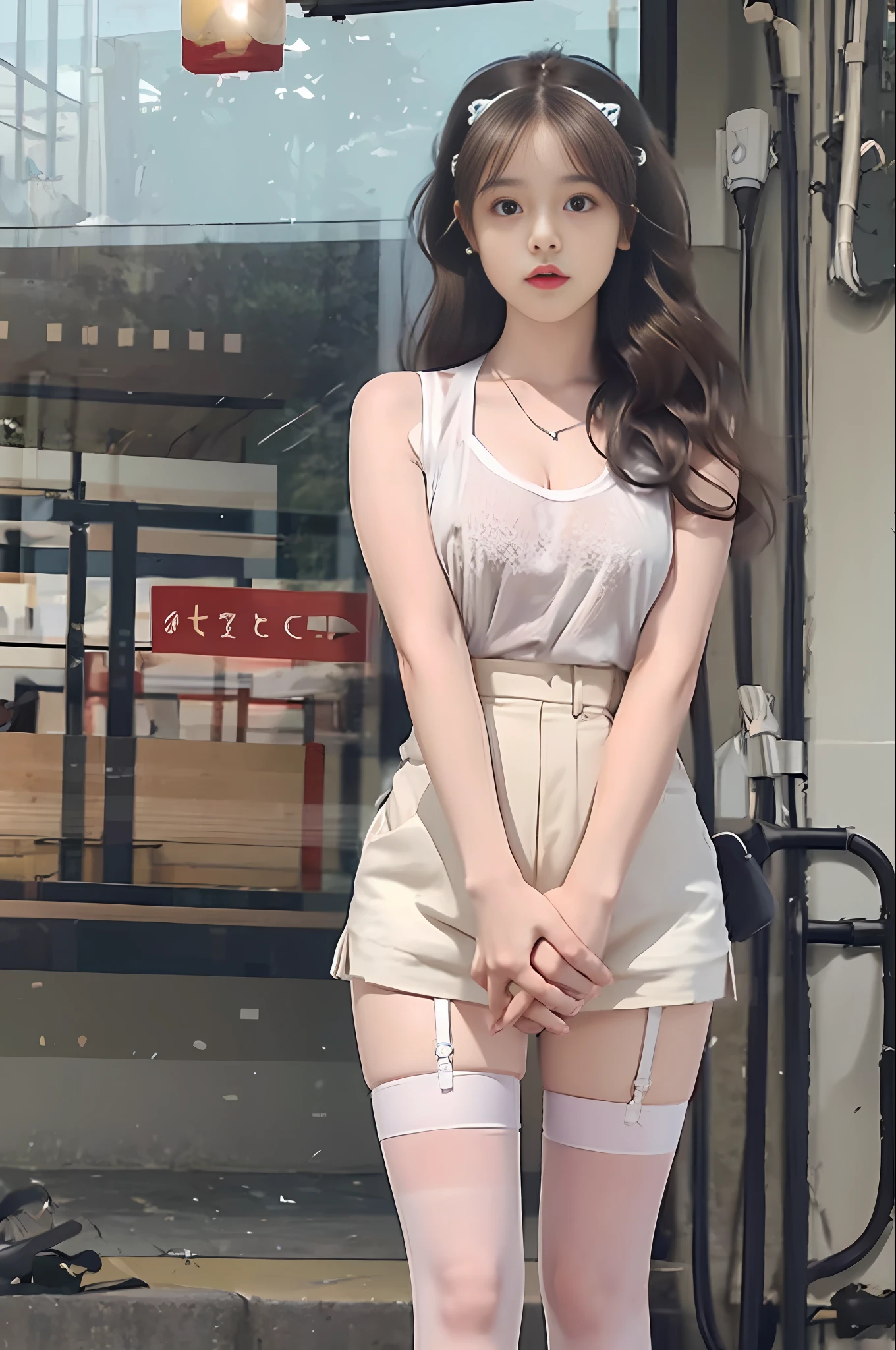 realistic, high resolution, 1 girl, white wavy curls, korea, thickest thighs, long legs, thin waist, natural expression, stockings, suspenders, tank top, shorts, short skirt, transparent, light tulle,