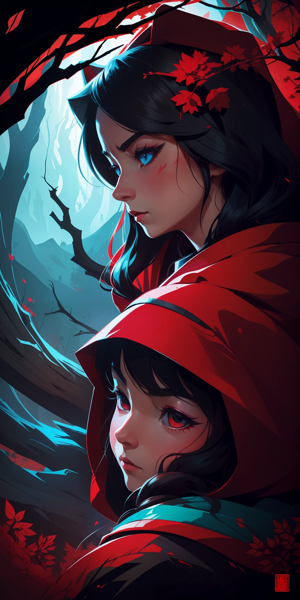 Close-up (art by Anton Fadeev:1.2), detailed, sharp image, rim light, closeup, poster, hdr, dark woods, Little Red Riding Hood, 1girl), Katsushika Hokusai style, neon color