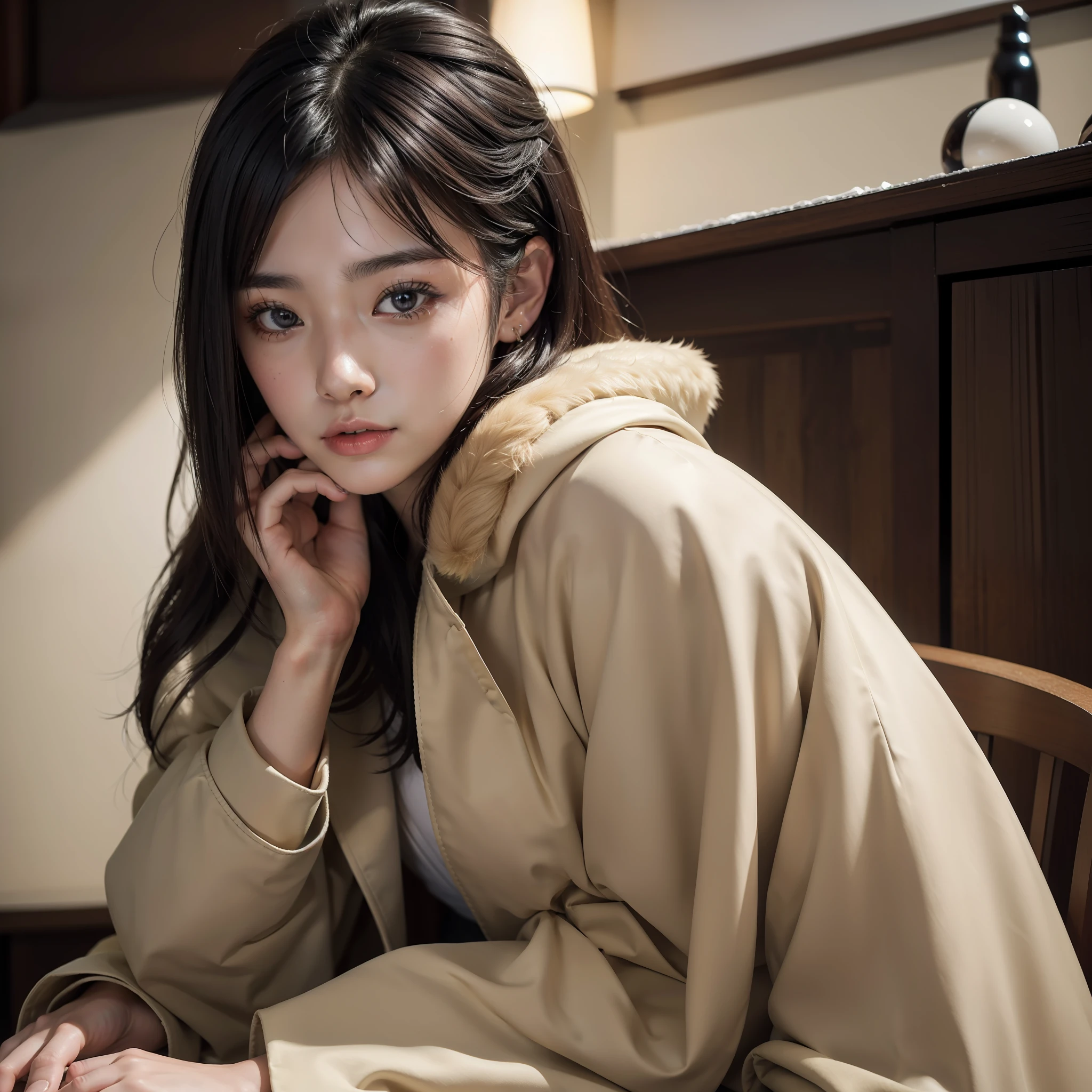 (8k, close-up portrait photography, RAW photography, best quality, photorealistic, masterpiece:1.2), Japan model, realistic, upper body, beautiful Japan woman, realistic young Japan model, wearing down coat, indoor, on chair, solo, single woman