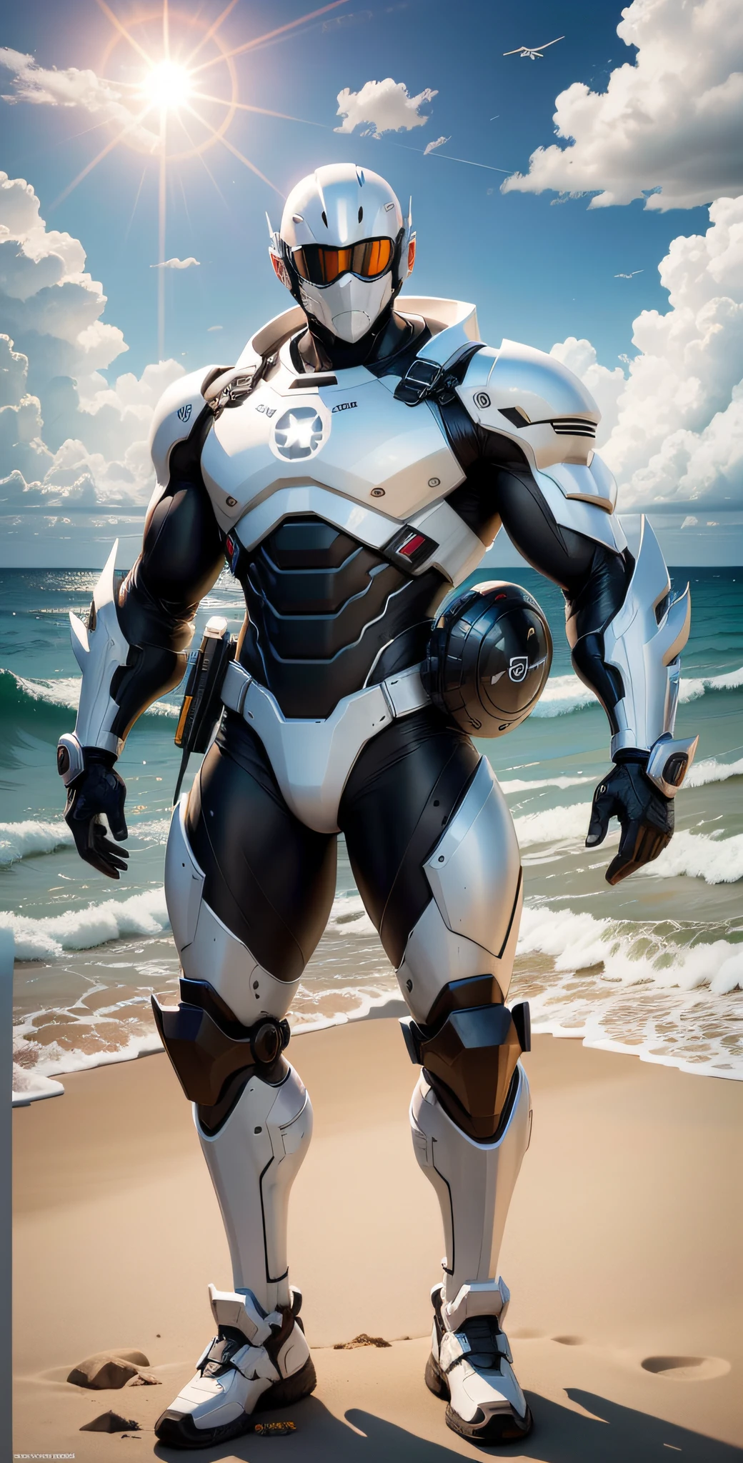 Man in white and black clothes standing on the sunny beach, muscular man, American round inch, Buzz cut, muscular! Wearing black sunglasses, mechanical mask, round head Buzz Cut, stealth suit, symmetrical pattern texture design, best picture quality and resolution, character design special forces, black military boots, attractive strong men and armor, weaving sunlight shining through the clouds on the body, Li Xiaoxiao