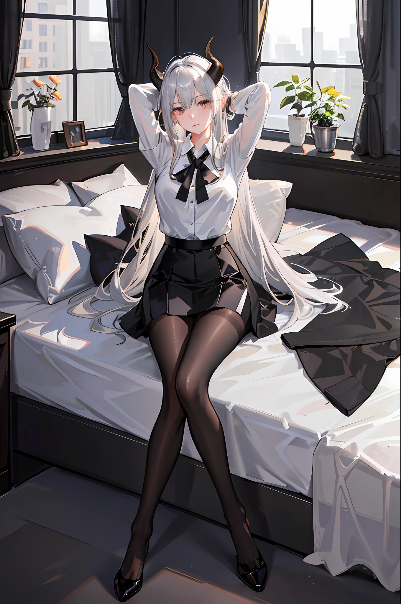 (((1 girl)),ray tracing,(dim lighting),[detailed background (bedroom)),((silver hair)),((silver hair)),(Fluffy silver hair, plump and slender girl))) with high ponytail))) Avoid golden eyes in the ominous bedroom ((((Girl wears a white shirt, black wrinkled skirt with black transparent pantyhose), showing a delicate slim figure and graceful curves, correct limbs, sitting on the bed with hands behind her head, Put both hands behind your head and horns on your head