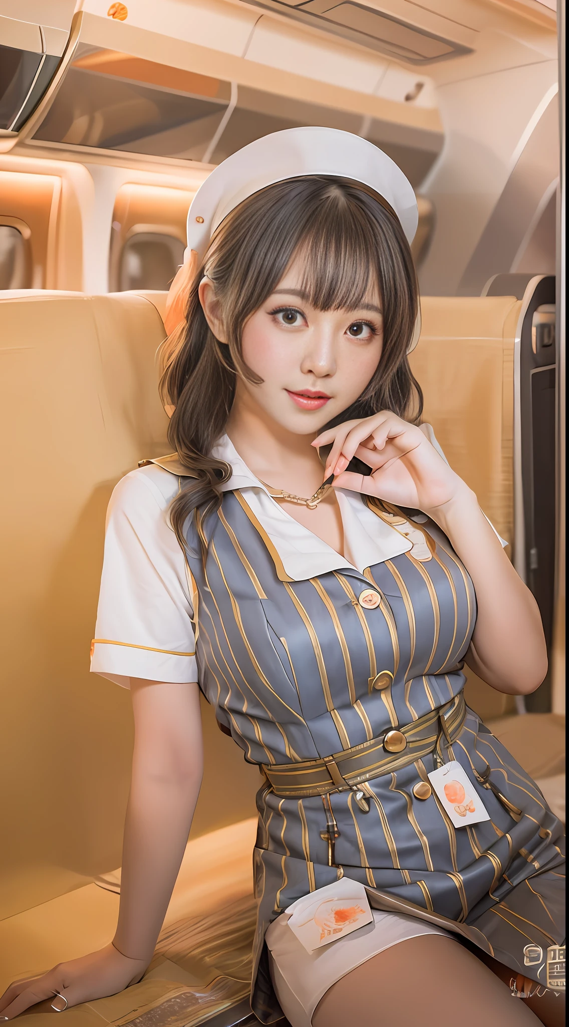 The painting style is soft, childish and cute, rich in ancient style, flowing and moving, fleshy and full, girly heart, sweet and lovely, flight attendant uniform, simple atmosphere, loose and comfortable, orange tone, bright and soft lighting. The figure is fat