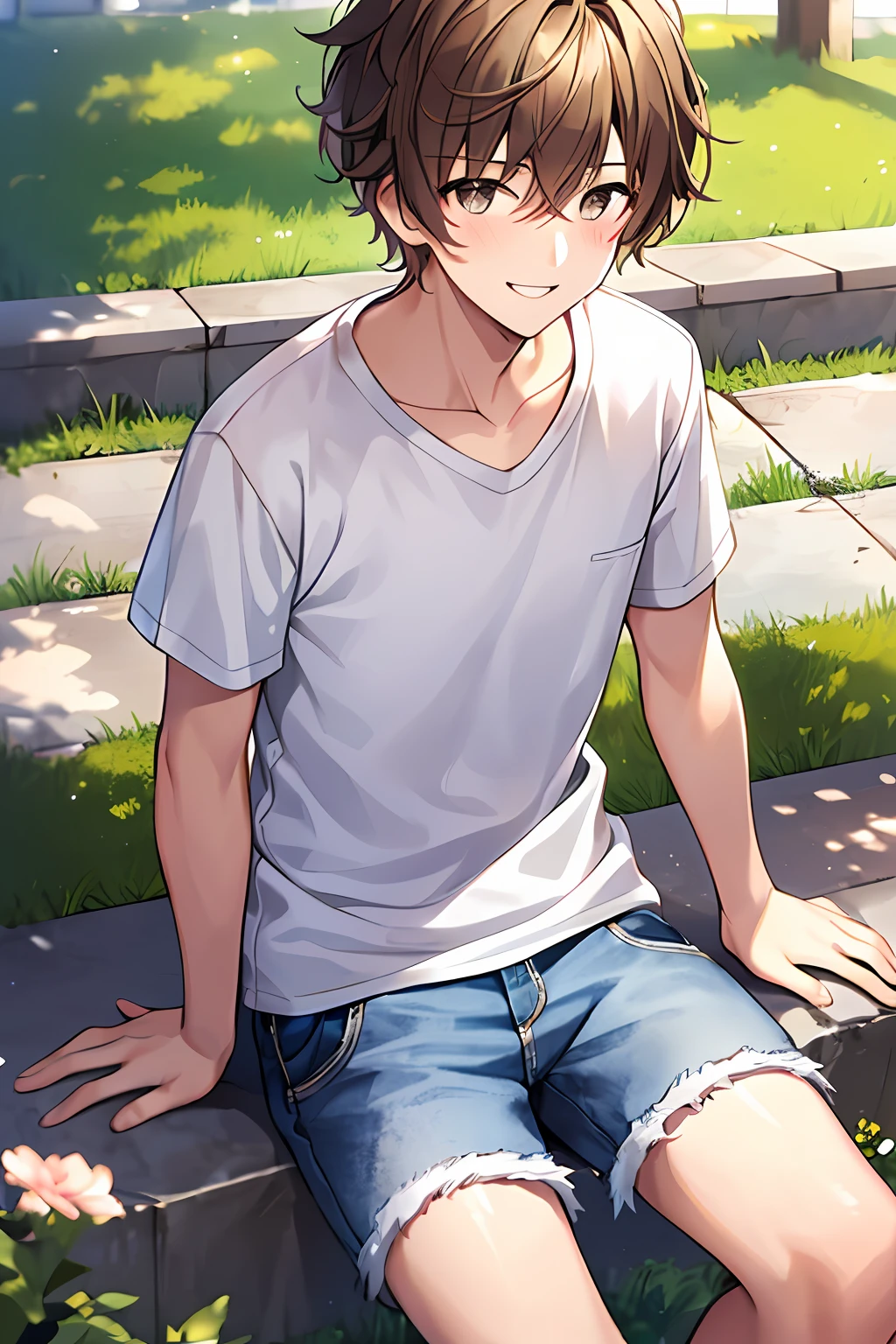 , teeale, smiling, light blush, messy hair, short hair, light brown hair, white t-shirt, jeans, full body, outdoors, masterpiece,