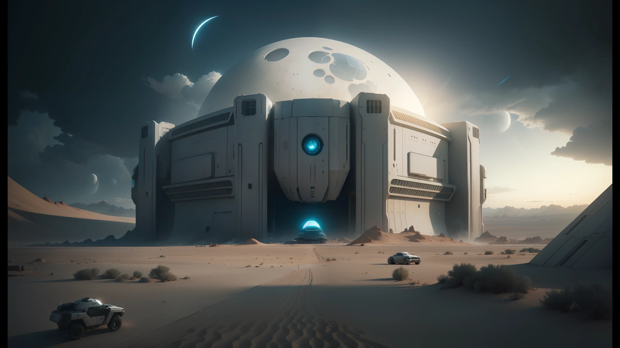 arafed image of a futuristic building in the desert with a moon in the background, by Mike Winkelmann, beeple and mike winkelmann, cgsociety 9, by Filip Hodas, symmetric matte painting, matte painting of human mind, from a 2 0 1 9 sci fi 8 k movie, ilm of an epic sci-fi --auto --s2