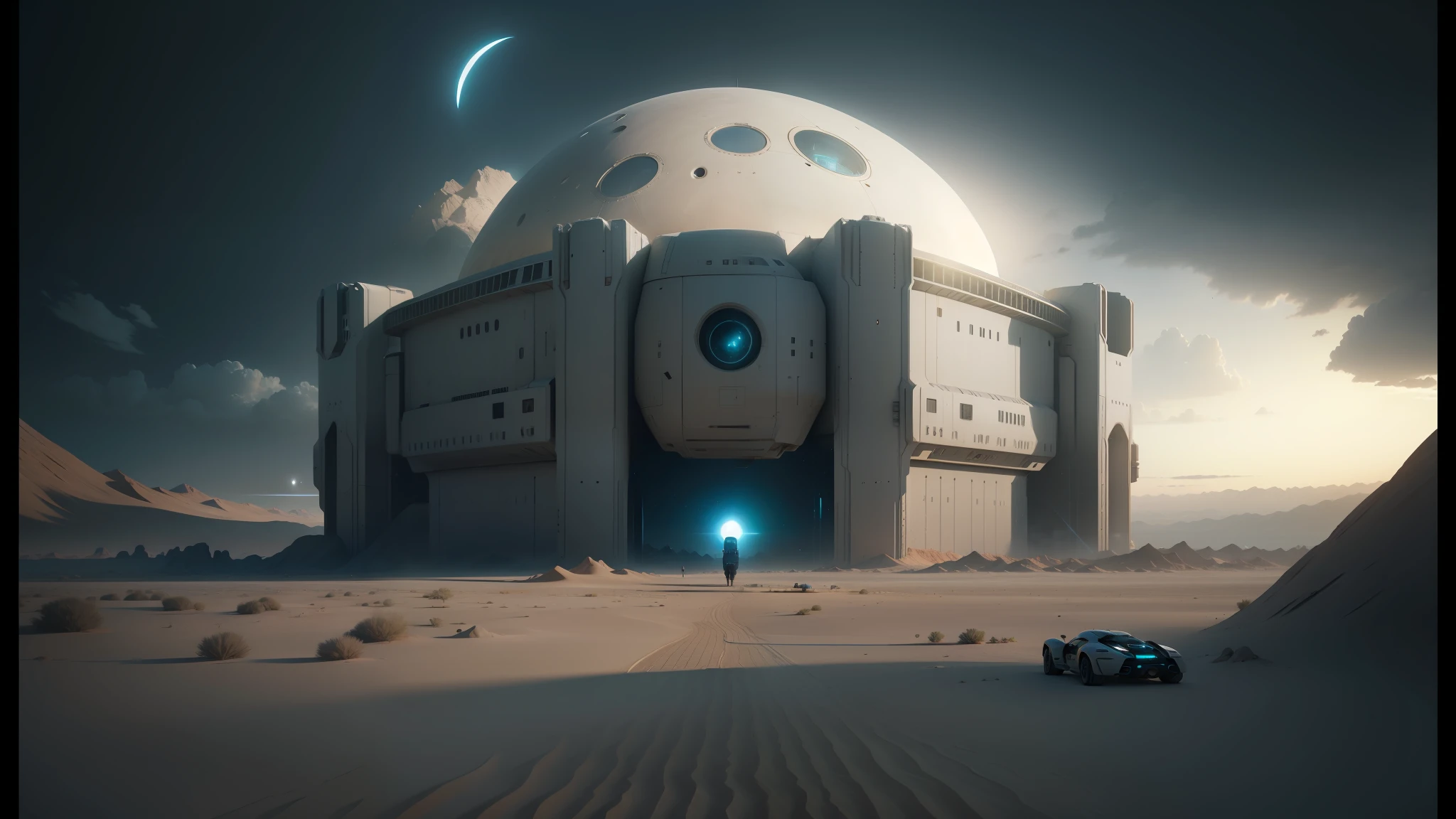 arafed image of a futuristic building in the desert with a moon in the background, by Mike Winkelmann, beeple and mike winkelmann, cgsociety 9, by Filip Hodas, symmetric matte painting, matte painting of human mind, from a 2 0 1 9 sci fi 8 k movie, ilm of an epic sci-fi --auto --s2