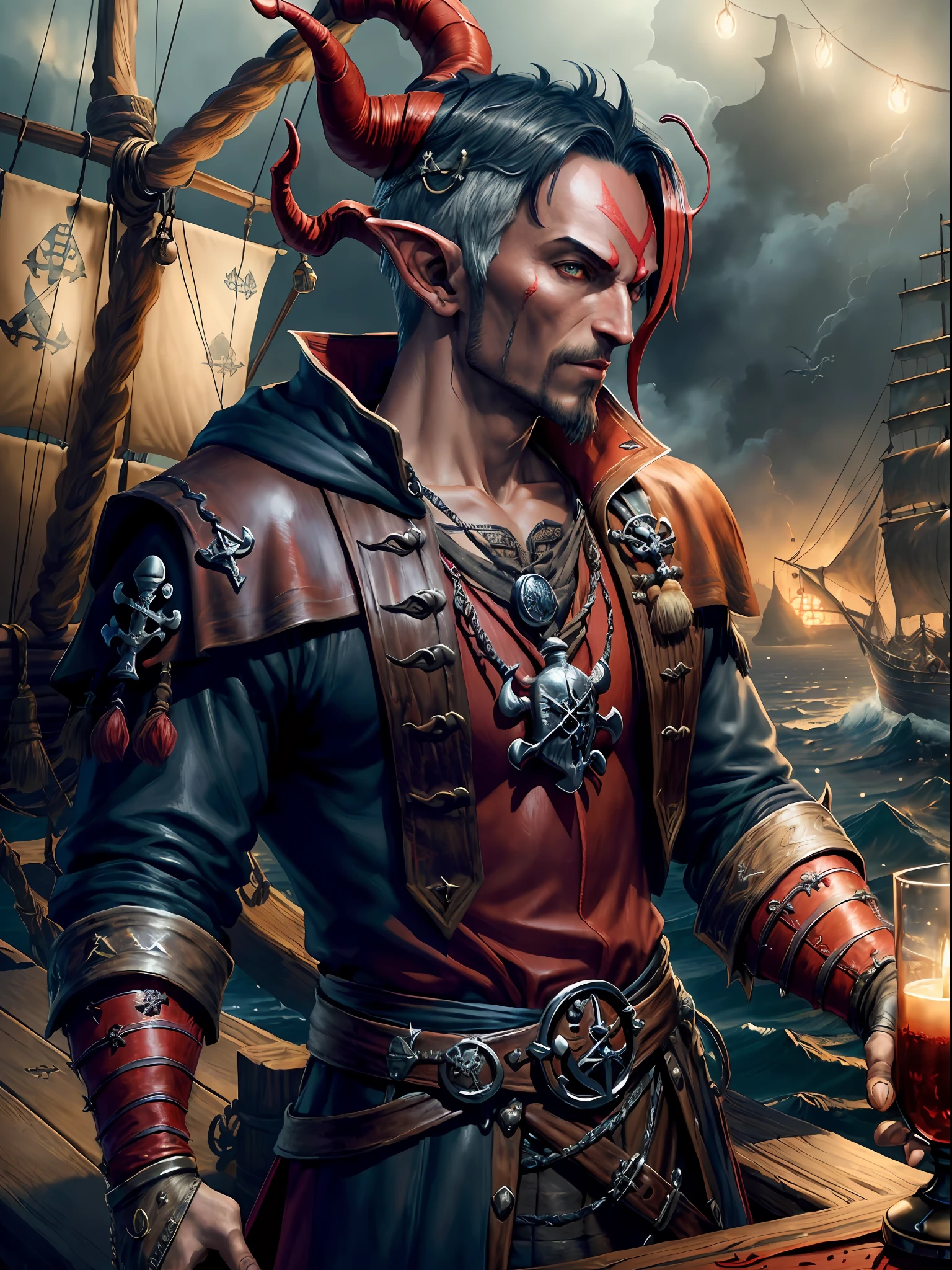 (highly detailed RAW color photo, masterpiece, ultra detailed), (medieval pirate theme:1.3), (full body:0.6), solo, 1 male Tiefling with very red skin, bald, (Tiefling:1.5), mature, handmade, swashuckler, slim and slender, brown eyes, (detailed eyes and detailed face), looking at the viewer, wearing navy blue pirate clothes, winter night in the background, standing (aboard a ship:1.1), leather and skin winter cold weather, beautiful night of overcast sky (fog: 1.2) (rain: 1.1) (winter: 1.1) (masterpiece: 1.2) (illustration: 1.1) (best quality: 1.2) (detailed) (intricate) (8k) (HDR) (wallpaper) (cinematic lighting) (sharp focus) (photography, soft lighting of dark sky, soft details, octane, artstation trend, ultra high detail, ultra realistic, cinematic, 16k, digital art, art inspired by Dungeon and Dragons)