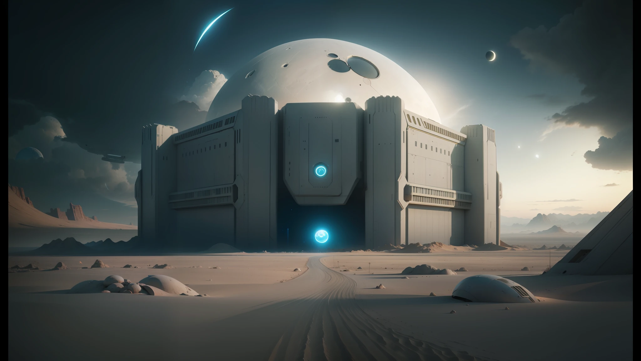 arafed image of a futuristic building in the desert with a moon in the background, by Mike Winkelmann, beeple and mike winkelmann, cgsociety 9, by Filip Hodas, symmetric matte painting, matte painting of human mind, from a 2 0 1 9 sci fi 8 k movie, ilm of an epic sci-fi --auto --s2
