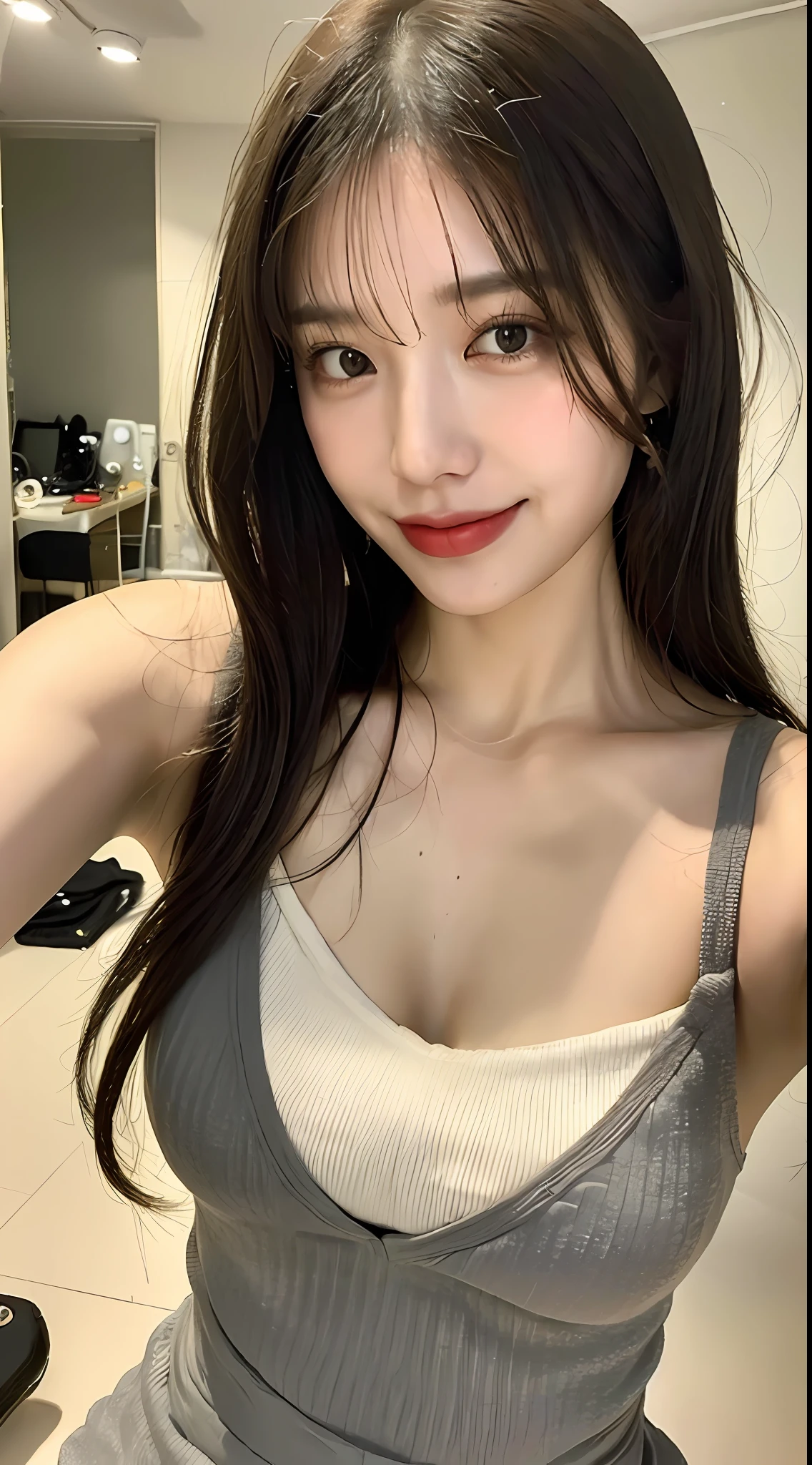 ((Best quality, 8k, Masterpiece :1.3)), 1girl, beautiful woman with emphasis on slender abs: 1.3, (long hair, big breasts: 1.2), oversized tank top: 1.2, ultra-delicate face, delicate eyes, double eyelids, smile, home,messy room,iphone camera, looking at viewer, pov, selfee,