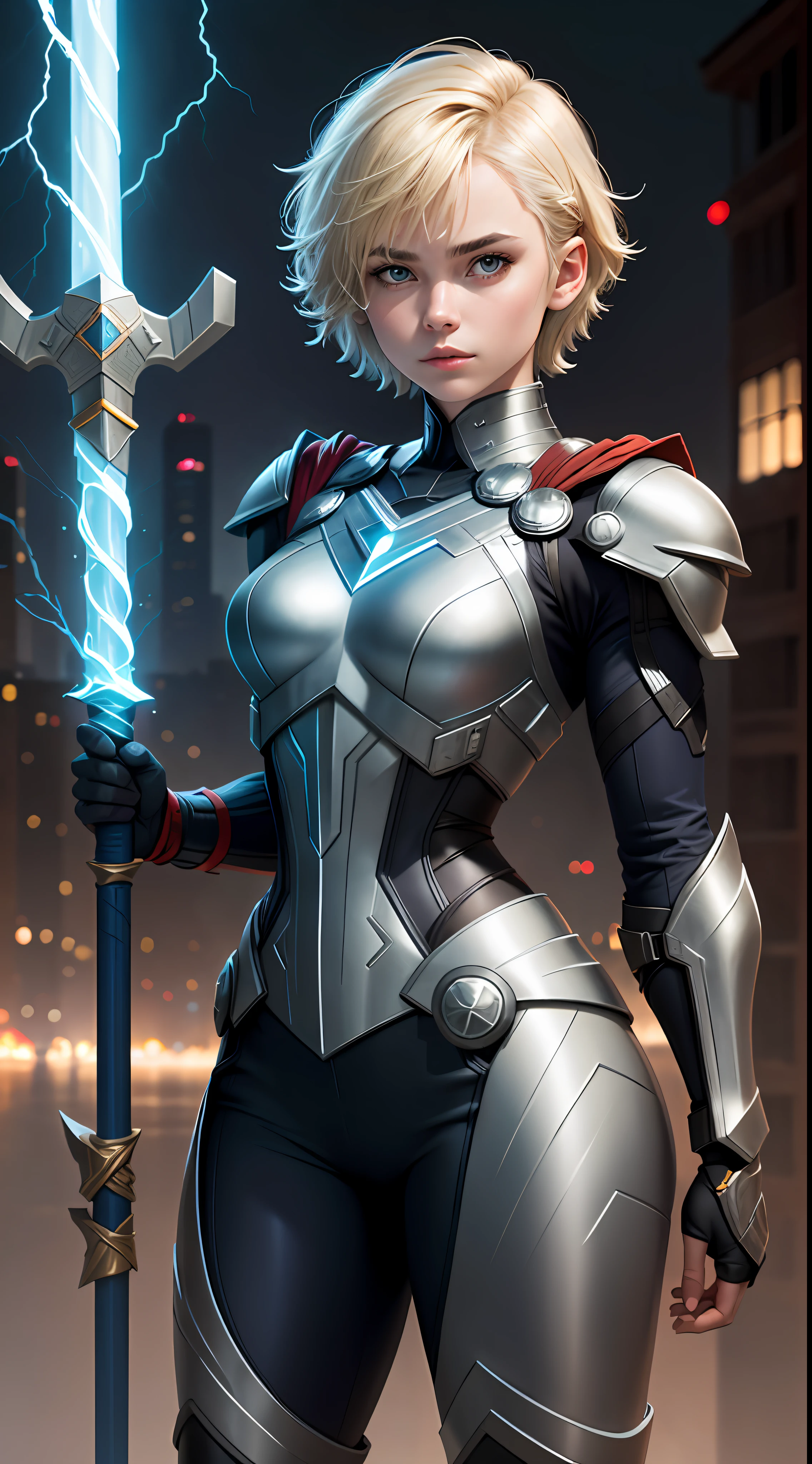 18-year-old girl, upper body, close-up, Thor suit, trousers, (((short hair))), blonde hair, beautiful face, magic staff, lightning, city of night, masterpiece, exquisite details, perfect anatomy