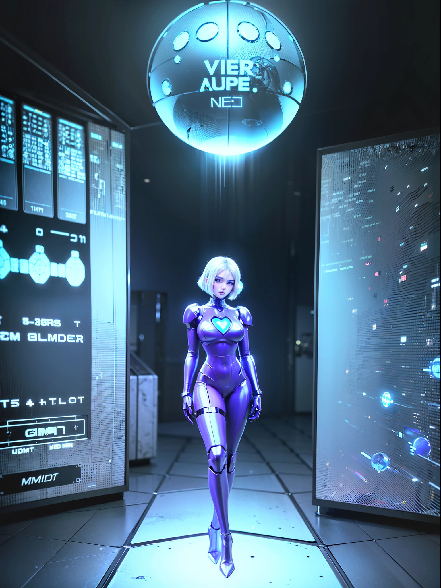 (full-body photo/standing/looking at the viewer:2), (one/woman/mechanical:1.5), (extremely large breasts:1.5), (all mechanical body:1.5), (with bionic armor:1.5), white with black gears, (she is inside a spaceship near the window seeing outer space:1.5), (she has very short purple straight hair:1.3), (blue eyes:1.3),  (groaning:1.5), (blush:1.5), (erotic pose:1.5), (Super Metroid:2.0), (anime style, Anime, 16k, high quality, textured leather, UHD, award-winning)