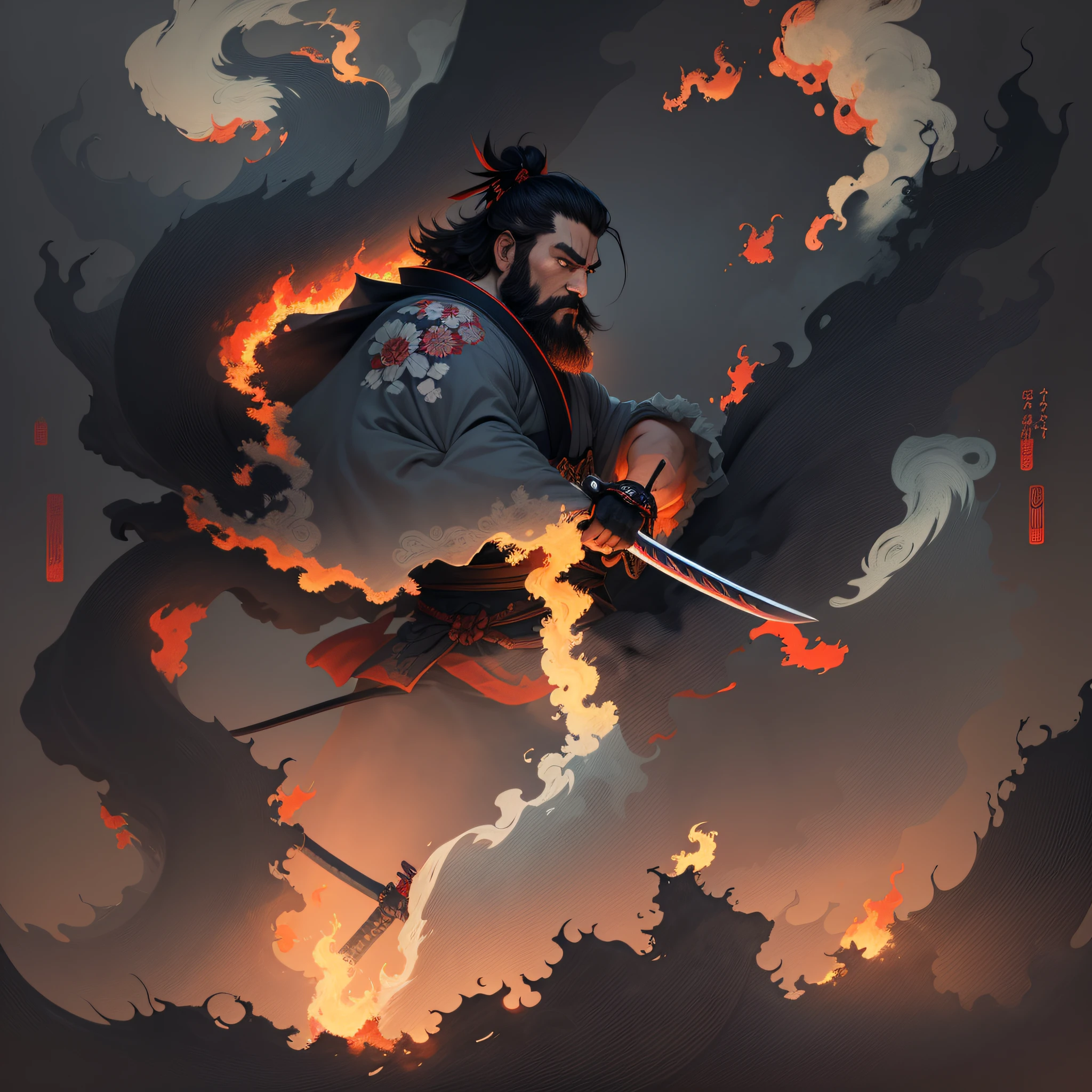 It is a full-body painting with natural colors in the style of ukiyo-e. Miyamoto Musashi is a Japan samurai with a large body like a strongman. He has a rough face, short black hair, and a short, trimmed beard. He is a righteous samurai who fights evil. He wears a black kimono. The hakama should be a little longer and draw in a flowing shape that flutters in the wind. He holds a sword in his right hand with flames coming out of his Japan sword. The background is a swirling flame in Katsushika Hokusai style. Masterpiece high-resolution ukiyo-e style, with the highest quality --auto --s2