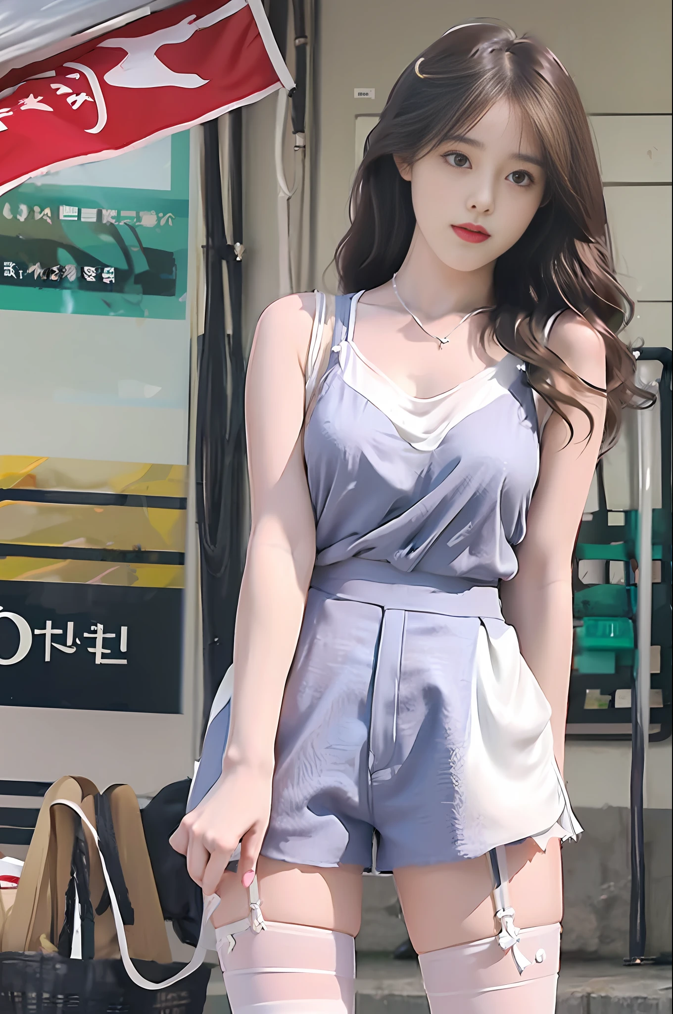 realistic, high resolution, 1 girl, white wavy curls, korea, thickest thighs, long legs, thin waist, natural expression, stockings, suspenders, tank top, shorts, short skirt, transparent, light tulle,