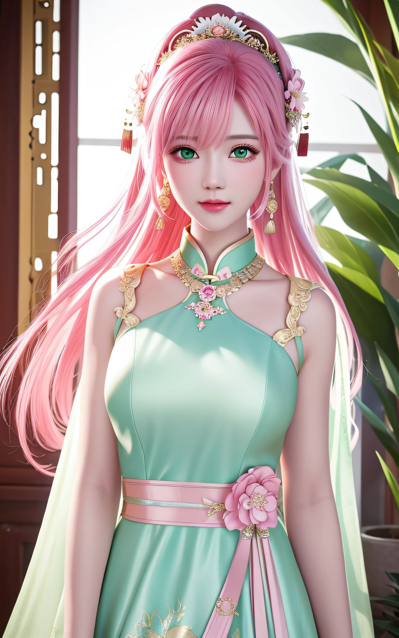 Best Quality, Masterpiece, High Resolution, 1girl, Chinese Wedding Dress, Hair Accessories, Necklace, Jewelry, Beautiful Face, upon_body, Tyndall Effect, Realistic, Dark Studio, Edge Lighting, Two-tone Lighting, (High Detail Skin: 1.2), 8k UHD, DSLR Camera, Soft Lighting, High Quality, Volume Lighting, Frank, Photo, High Resolution, 4K, 8K, Bokeh, Upper Body, Pink Hair, Green Eyes