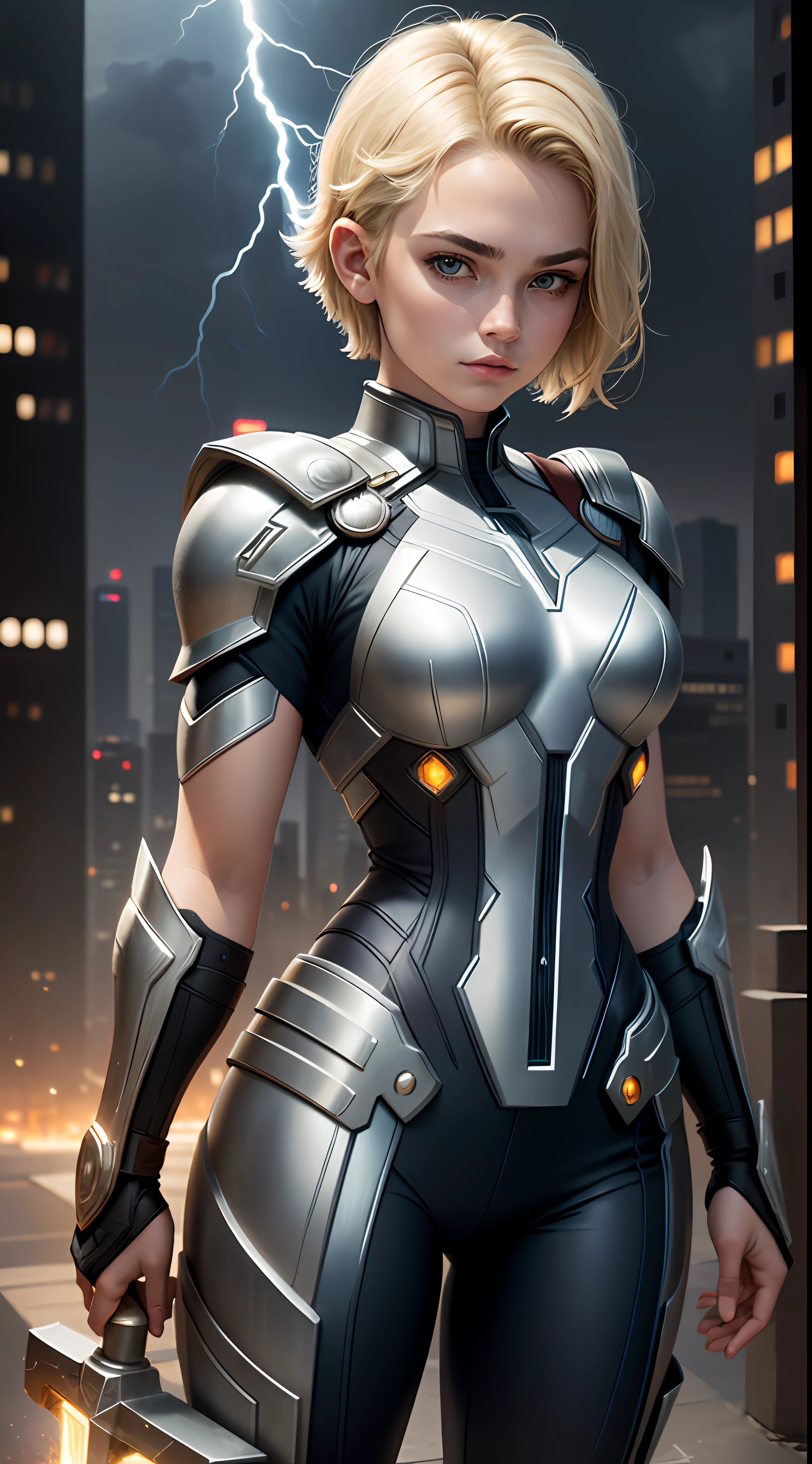 18-year-old girl, upper body, close-up, Thor suit, trousers, (((short hair)), blonde hair, beautiful face, Mjolnir, lightning, city of night, masterpiece, exquisite details, perfect anatomy