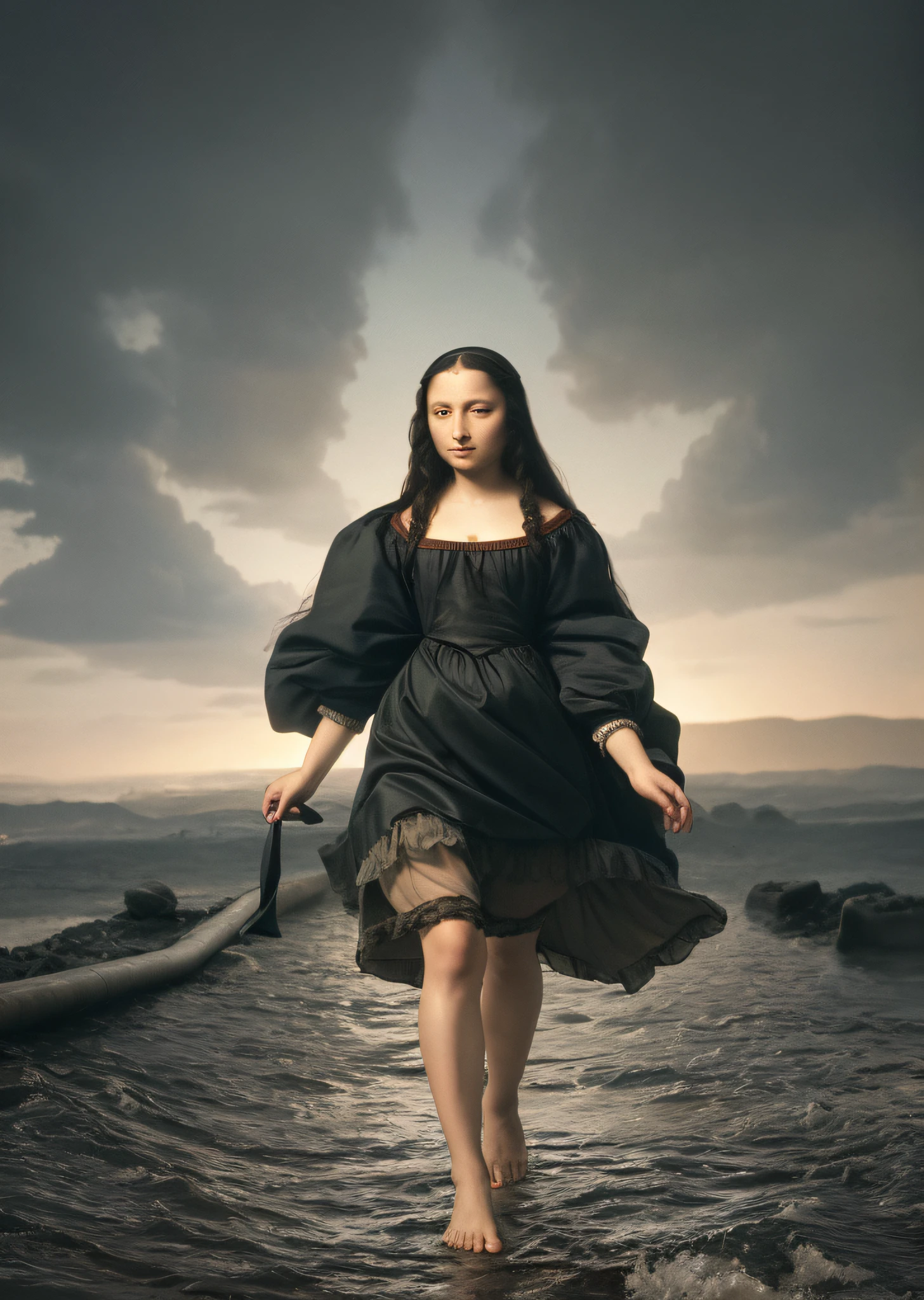 Mona Lisa and an off-the-top man walking, gentle expression, full body portrait, barefoot, light streaks falling from the sky, masterpiece, highest quality, high quality, highly detailed CG unit 8k wallpaper, award winning photo, bokeh, depth of field, HDR, flood, chromatic aberration, realistic, very detailed, art station trend, CGsociety trend, complex, high detail, dramatic, midway art, volumetric lighting