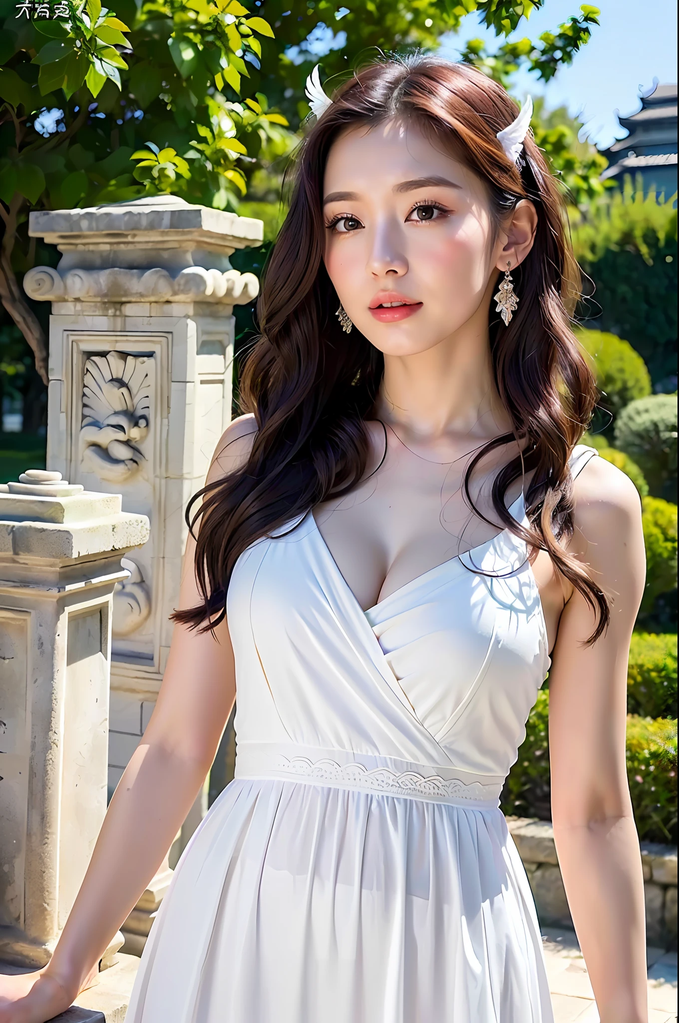 Dressed up with winged cute angel, wearing a beautiful garland on the head, symmetrical white feather material simulation of huge wings, exquisite details, HD, 8k, (best quality, masterpiece: 1.2), portrait, breast, outdoors, ancient buildings, tall stone pillars, stone railings, a 25-year-old woman named Yiping in an ancient castle: 2, eyes looking at the camera, natural expression, posture do not stiff, curly wavy long hair, white dress long dress, the same character, various poses, different angles, backlight :1.5,Rich skin details:1.5,