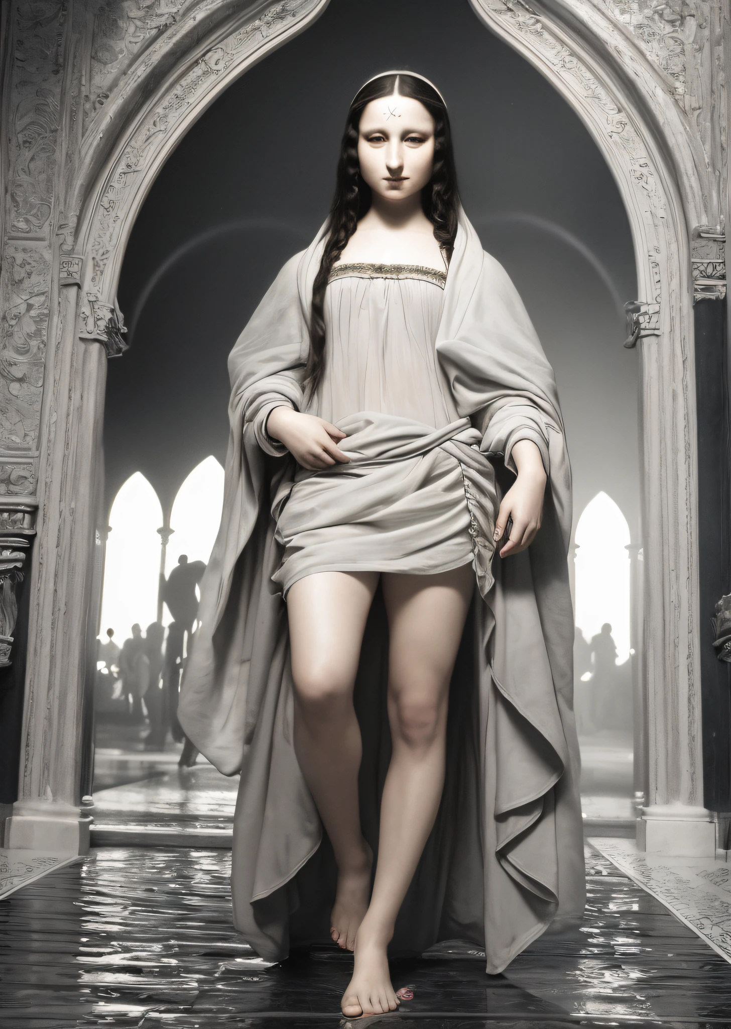 Mona Lisa and an off-the-top man walking, gentle expression, full body portrait, barefoot, light streaks falling from the sky, masterpiece, highest quality, high quality, highly detailed CG unit 8k wallpaper, award winning photo, bokeh, depth of field, HDR, flood, chromatic aberration, realistic, very detailed, art station trend, CGsociety trend, complex, high detail, dramatic, midway art, volumetric lighting