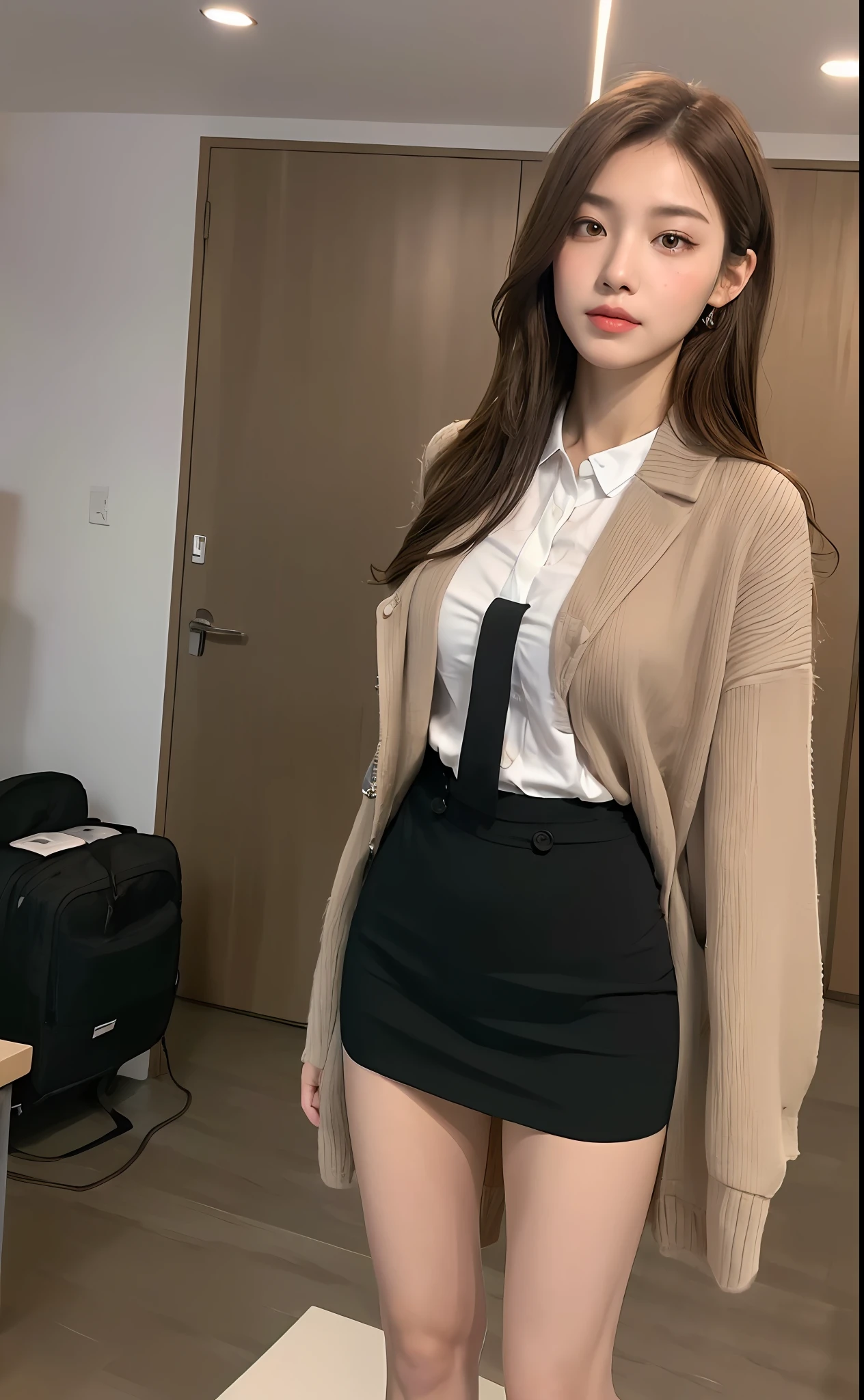 ((Early Morning, Realistic Light, Best Quality, 8K, Masterpiece: 1.3)), 1girl, Teacher, Pretty Woman with Slim Figure: 1.4, (Brown Hair, Medium Tits: 1.3), Professional Attire, Class, Podium, Ultra-detailed Face, Detailed Eyes, Double Eyelids, Full Body, Vista, Student,