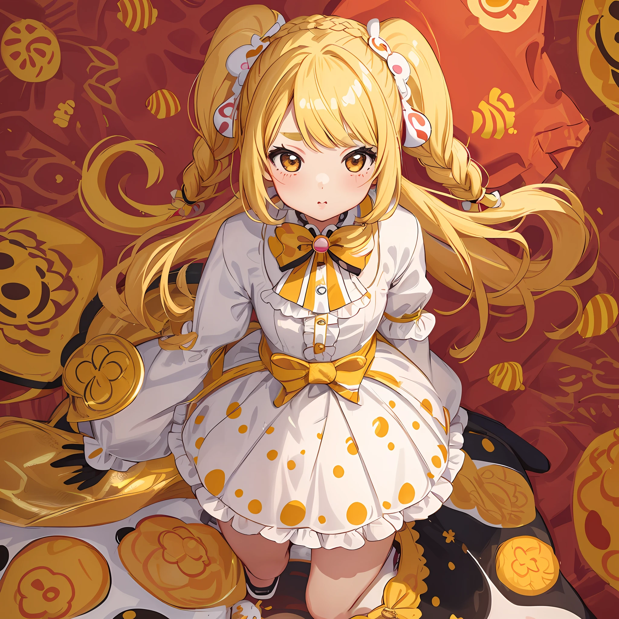 Yayoi Kusama, street snap, small, female brat, thick eyebrows, thin waist, pigtails, beautiful blonde, braid, rabbit ears, (masterpiece), ((highest quality)), (super detailed), girl, clean and detailed face, five fingers, textile shading, perfect human structure, perfect anatomy,