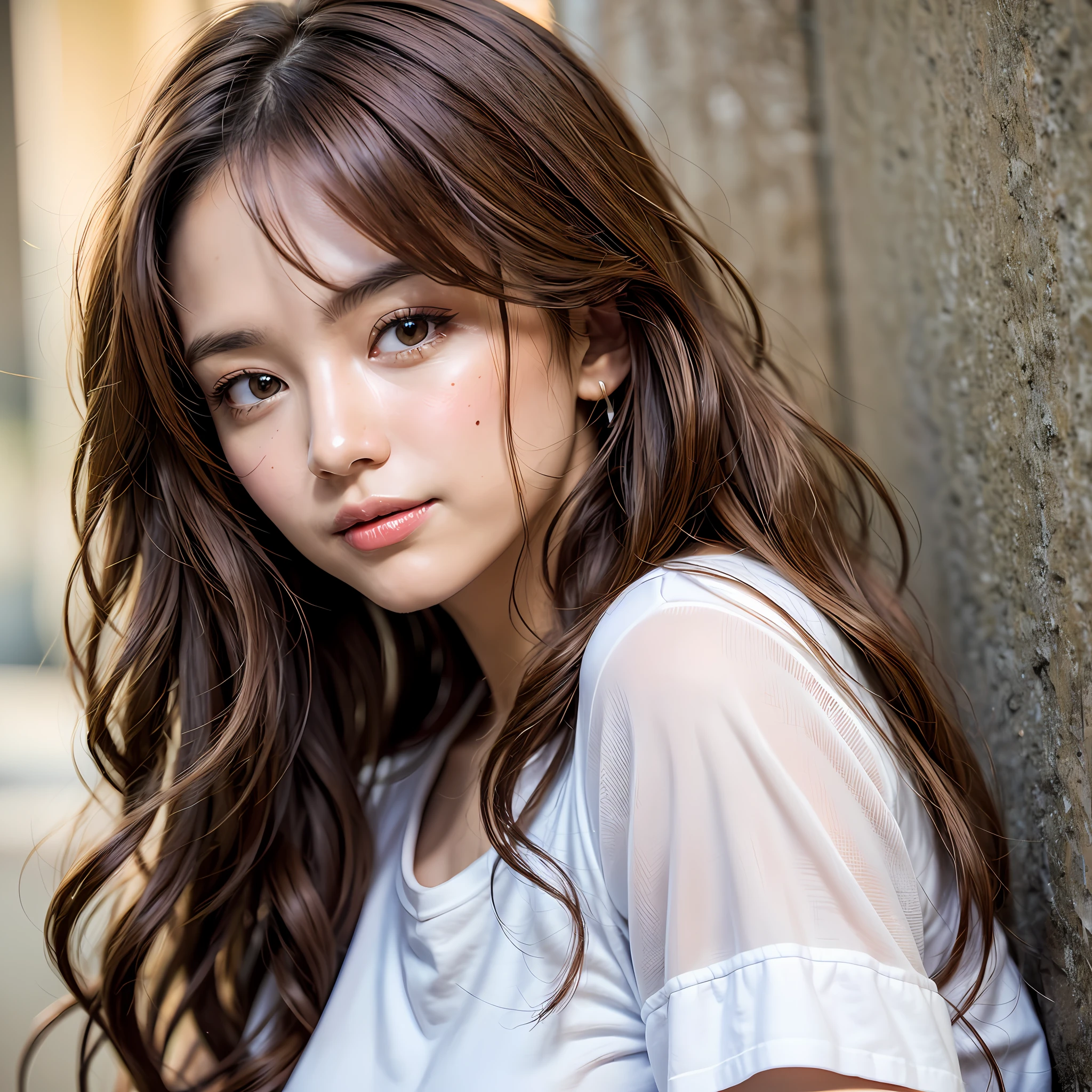 upper body, light brown hair, design hair, live action, masterpiece, top quality, official art, very elaborate cg Unity 8K wallpaper, for girls, ultra high resolution, casual fashion, golden hour lighting, summer fashion, (natural brown hair: 0.8), (puffy eyes), sunlight, look at viewer, turn around, smile, medium breasts, balayage hair, bust up angle, model pose, wall background, delicate skin, light curly hair, hands around mouth, white t-shirt, hair model photo