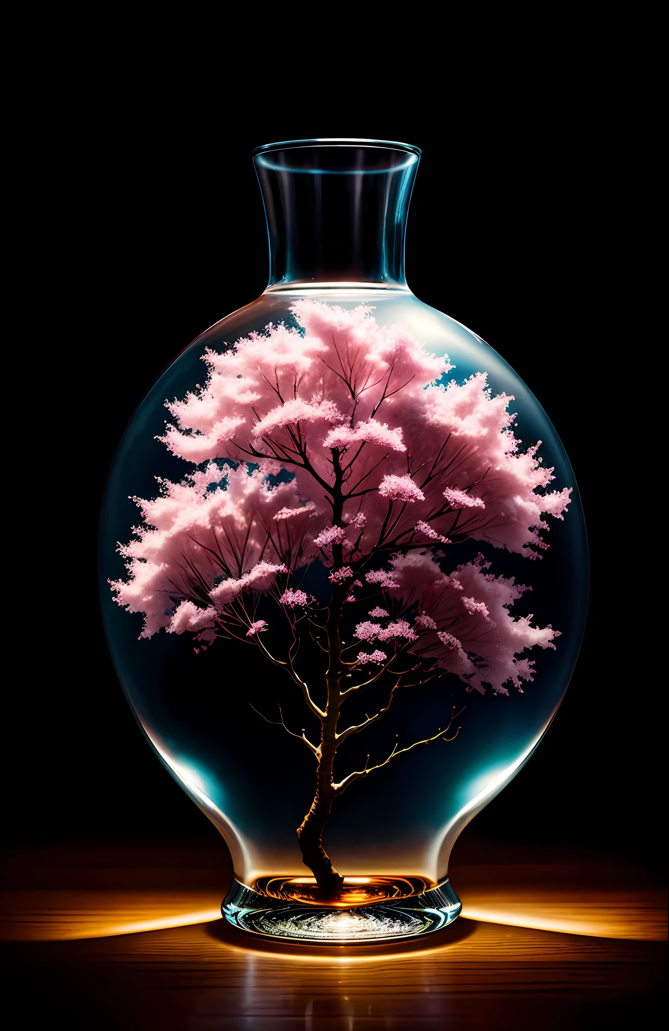 Cherry tree in a bottle, fluffy, realistic, atmospheric light refraction, photographed by lee jeffries, nikon d850 film Stock Photo 4 Kodak portra 400 camera f1.6 lens, rich colors, ultra realistic realistic textures, dramatic lighting, unreal engine trending on artstation cinestill 800, Style-Glass